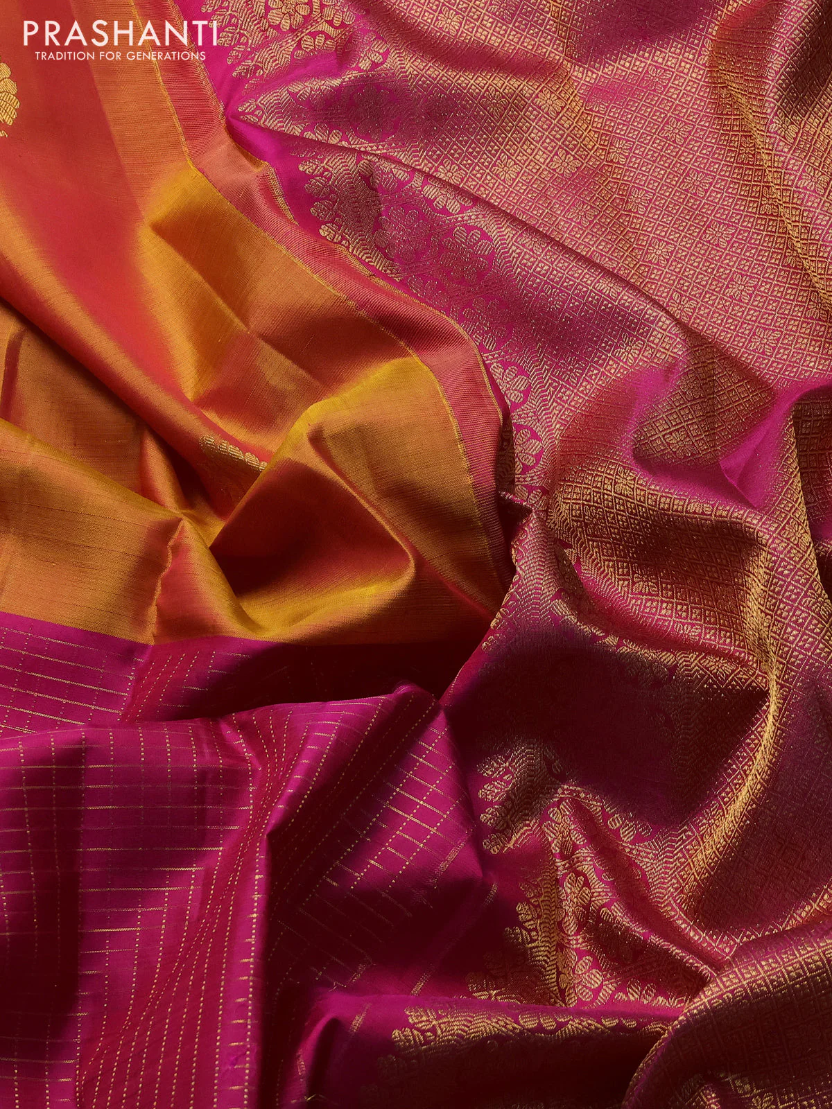 Pure kanchipuram silk saree mango yellow and pink with half & half style and long zari woven border - Image 3