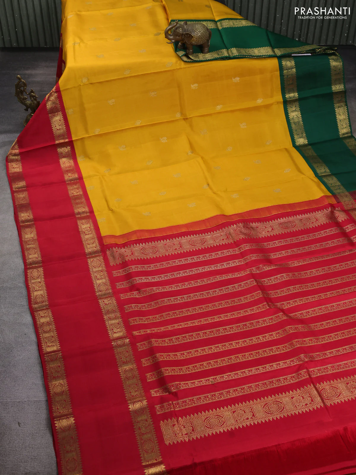 Pure kanchipuram silk saree mango yellow with annam & elephant zari woven buttas and ganga jamuna border - Image 2