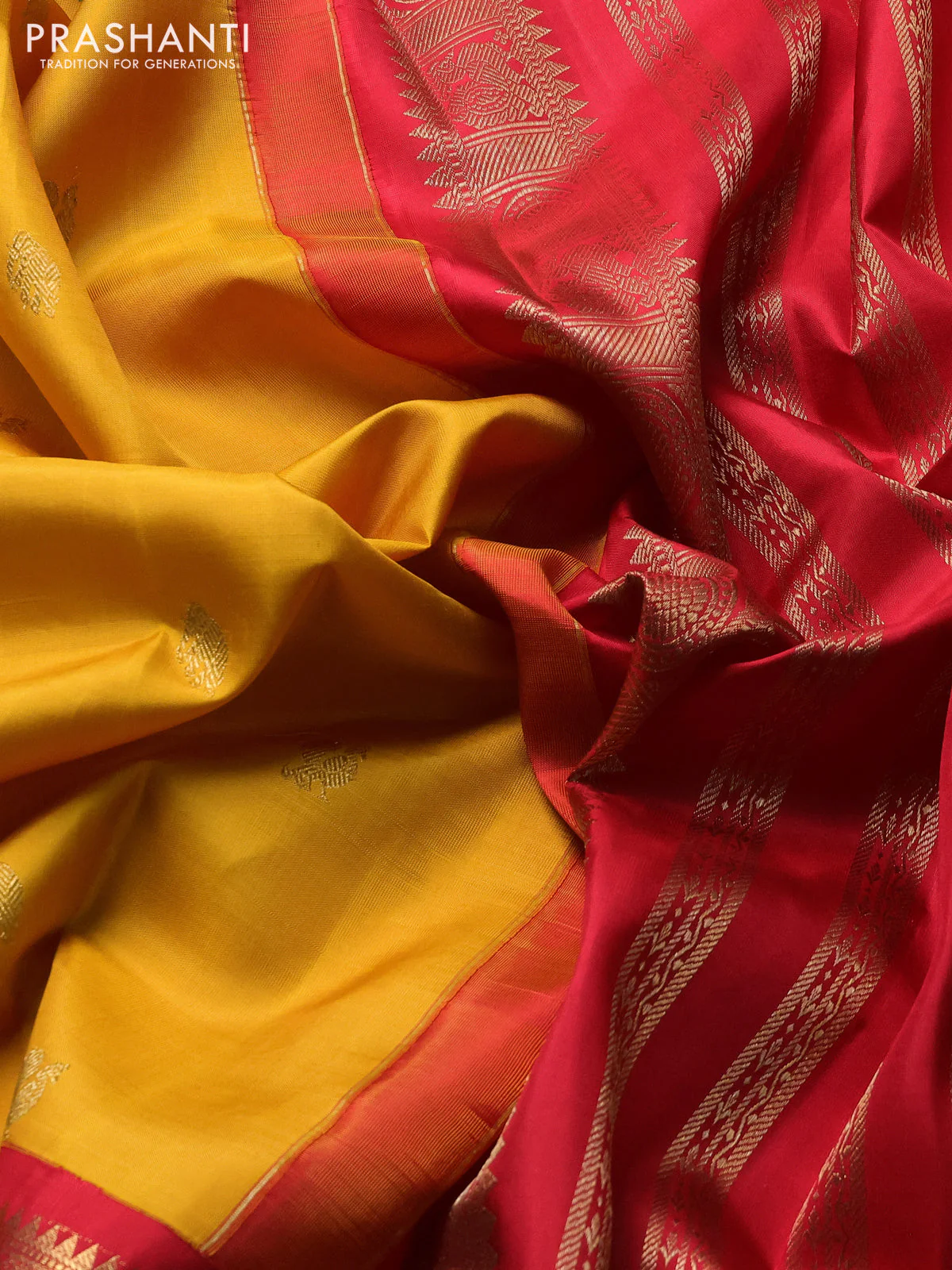 Pure kanchipuram silk saree mango yellow with annam & elephant zari woven buttas and ganga jamuna border - Image 3