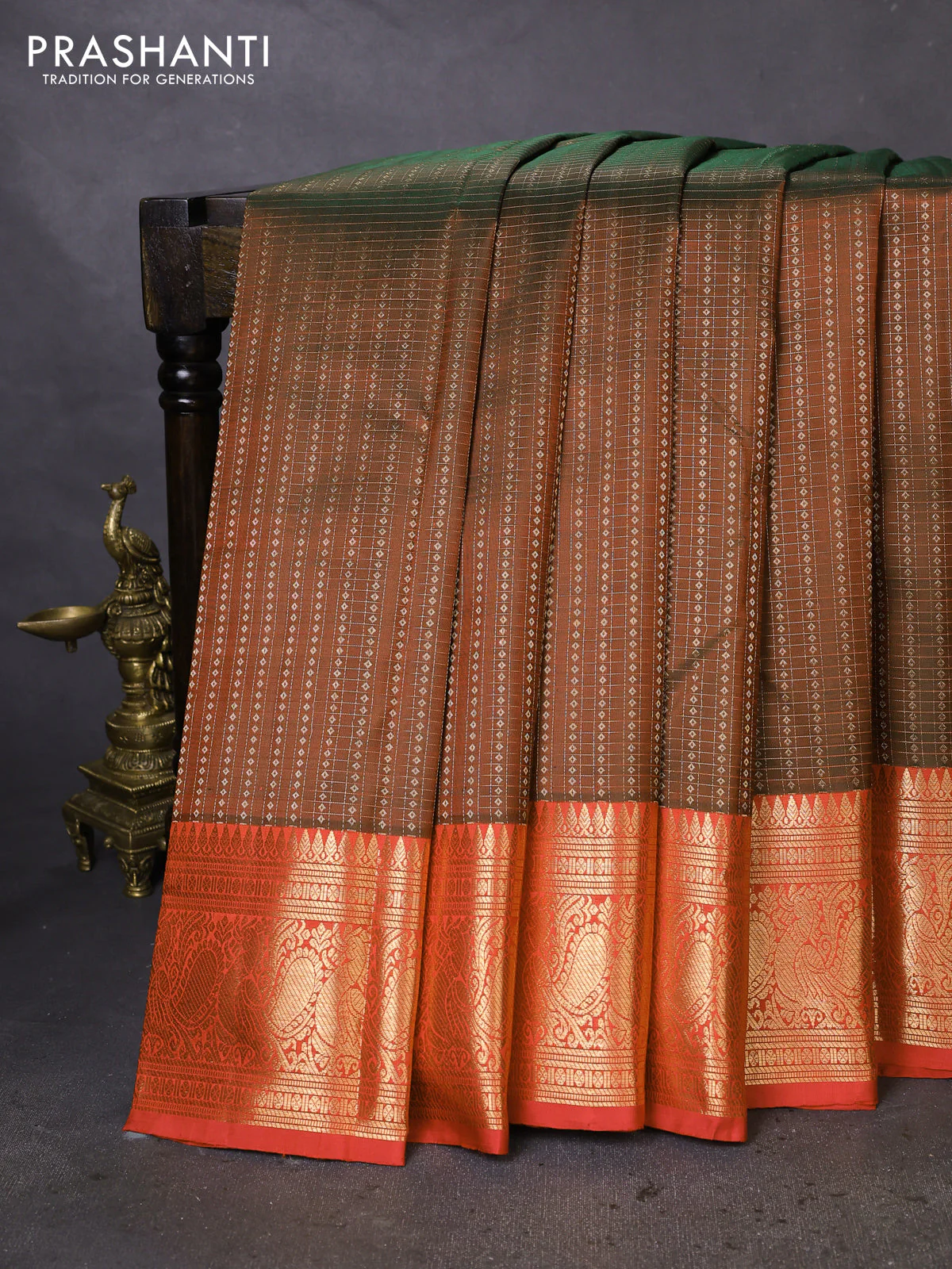Pure kanchipuram silk saree manthulir green and red with allover zari checks & buttas and annam zari woven border