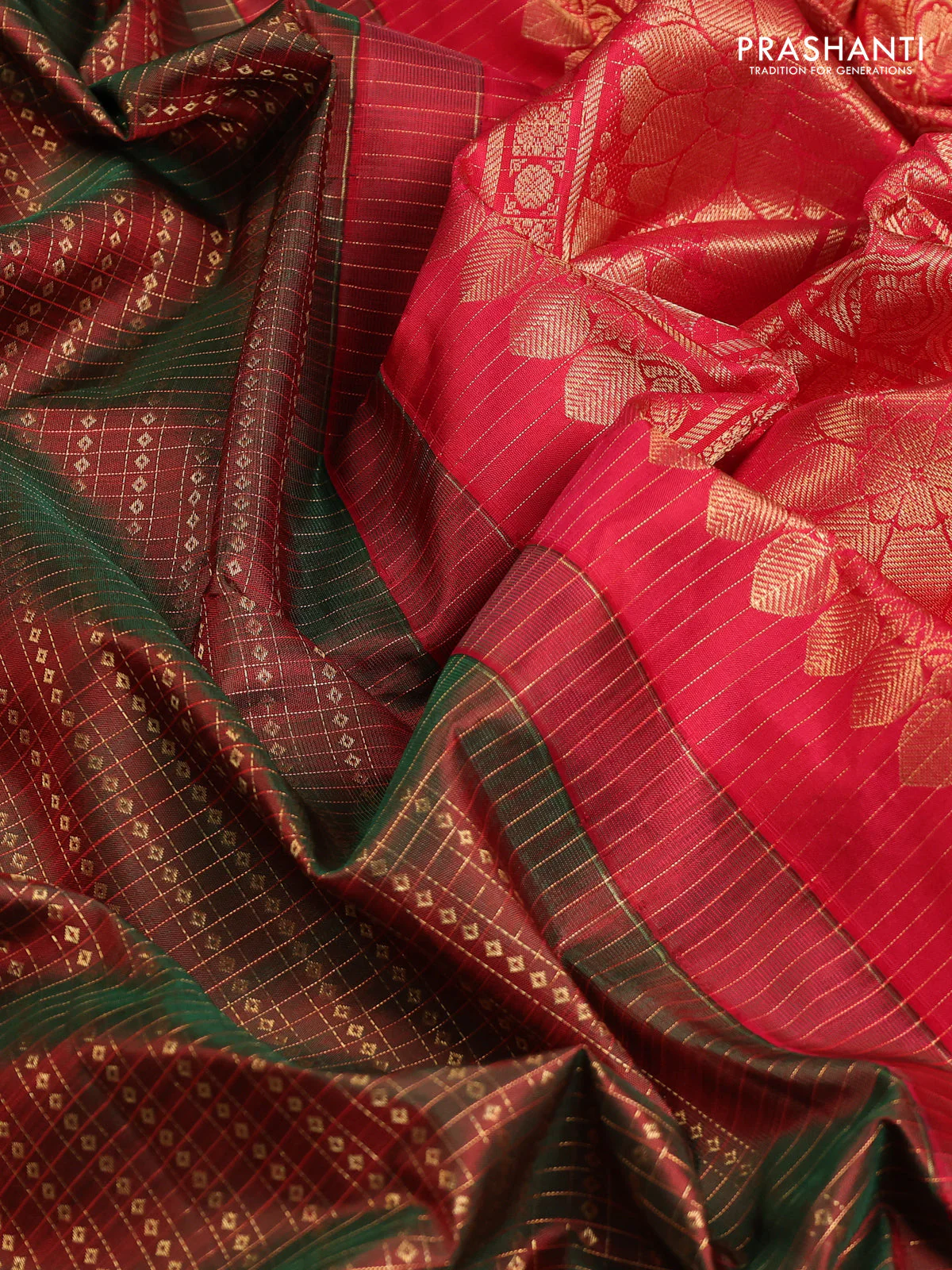 Pure kanchipuram silk saree manthulir green and red with allover zari checks & buttas and annam zari woven border - Image 3