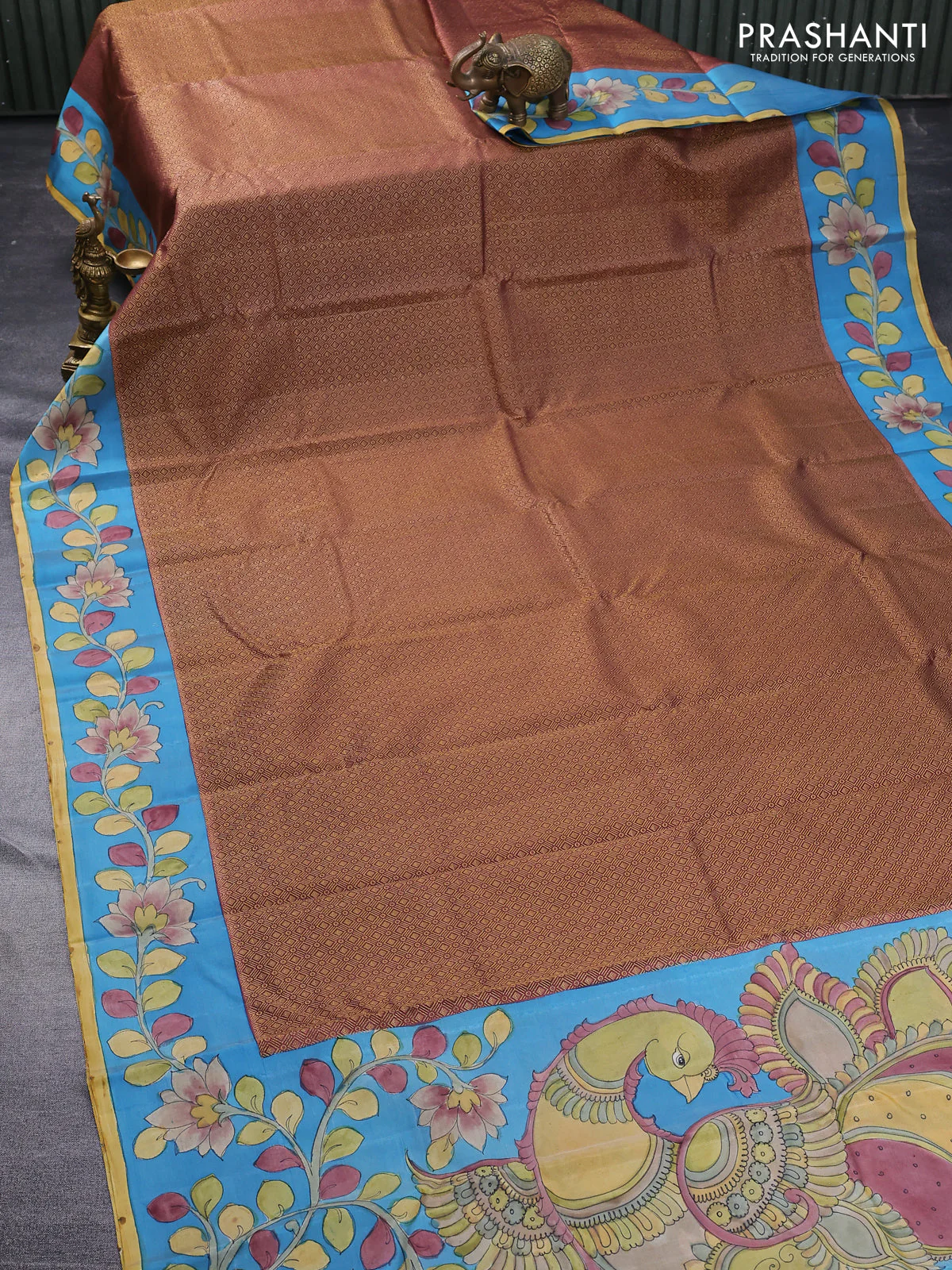 Pure kanchipuram silk saree maroon and blue with allover zari woven geometric brocade weaves and kalamkari printed pallu & border - Image 2