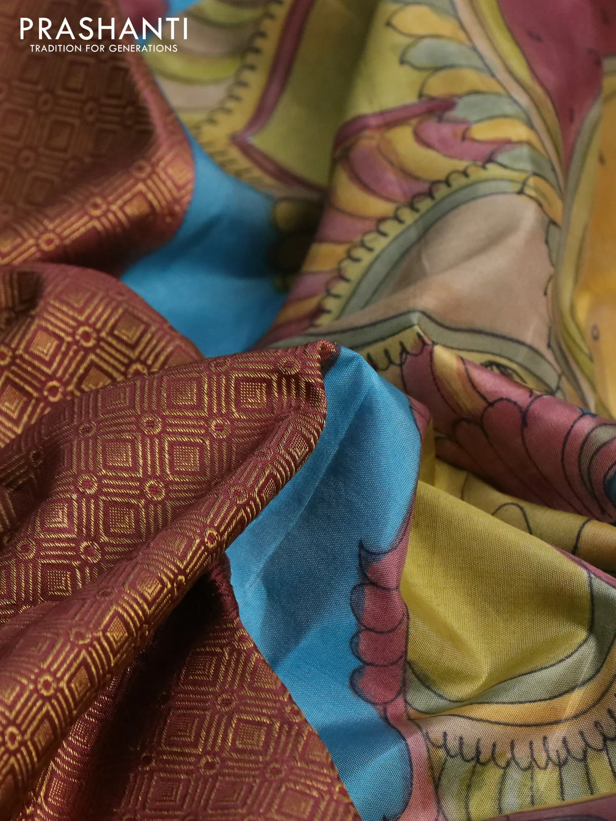 Pure kanchipuram silk saree maroon and blue with allover zari woven geometric brocade weaves and kalamkari printed pallu & border - Image 3