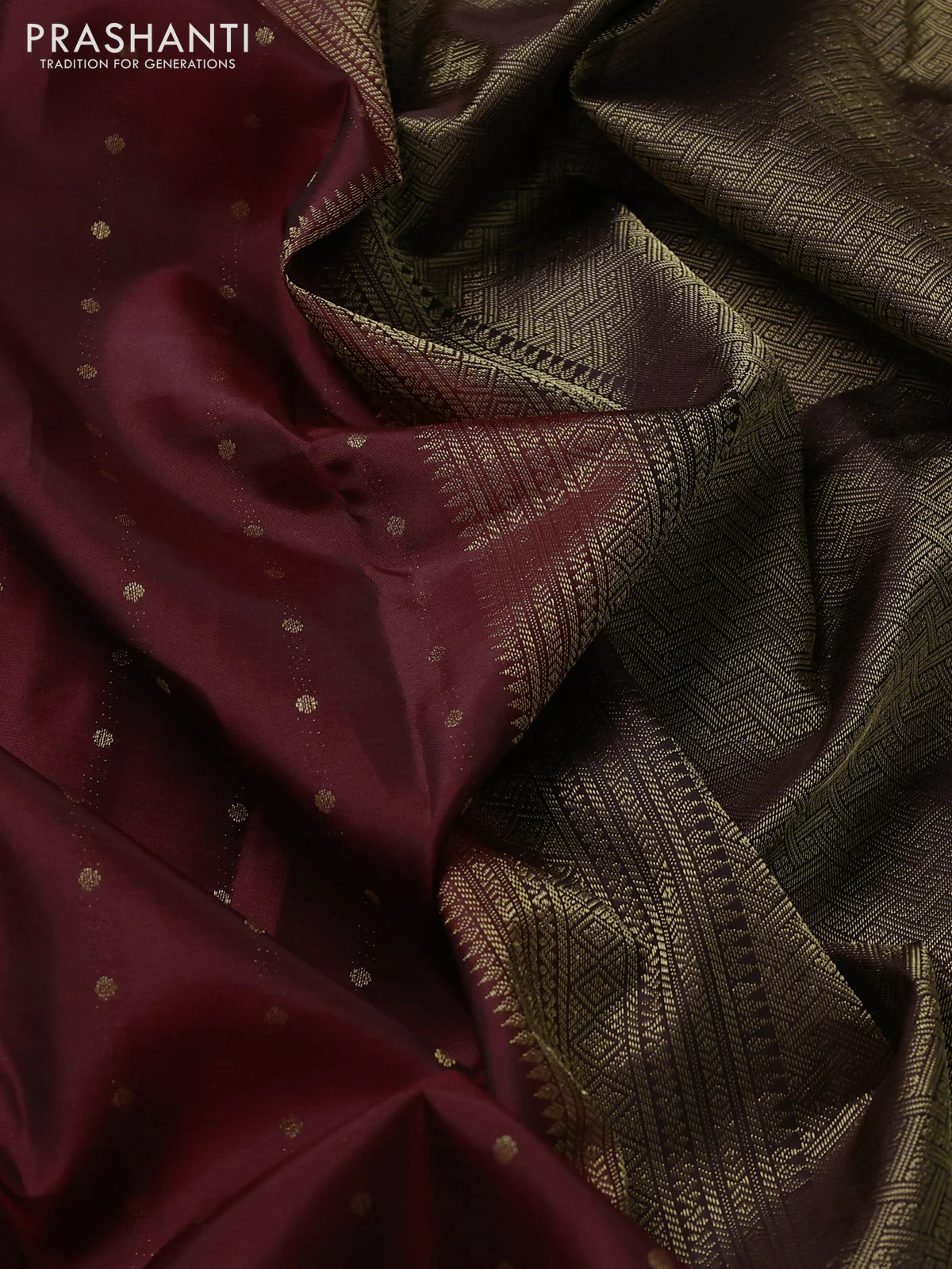 Pure kanchipuram silk saree maroon and coffee brown with allover zari buttas and paisley zari woven border - Image 3