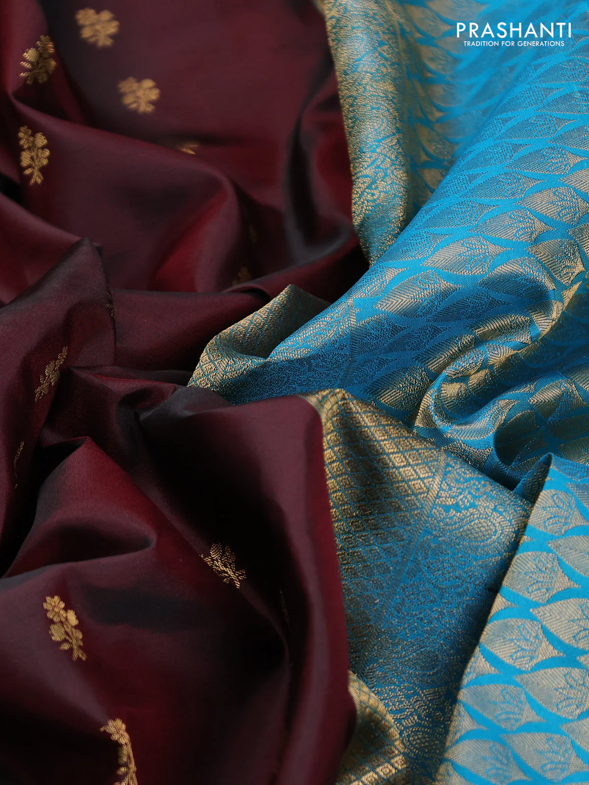 Pure kanchipuram silk saree maroon and cs blue with allover zari woven buttas and rettapet zari woven korvai border - Image 3
