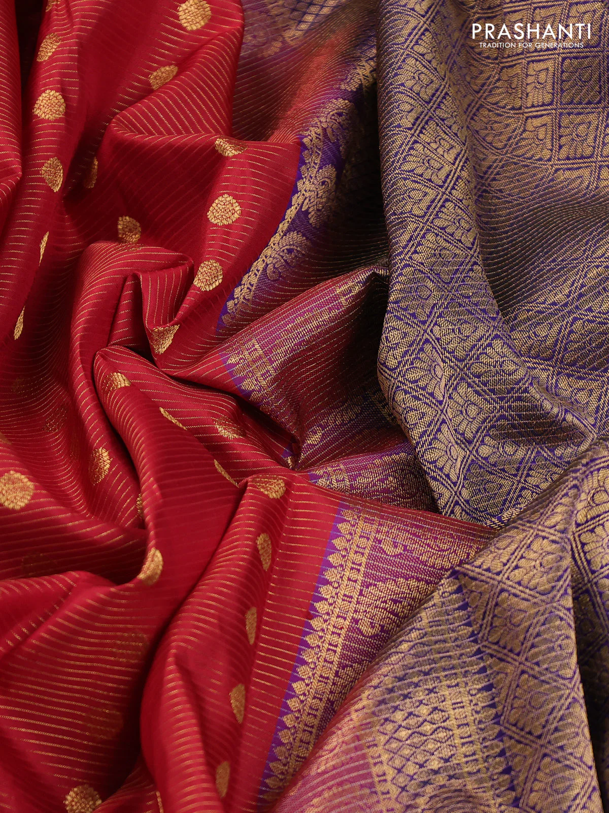 Pure kanchipuram silk saree maroon and dark blue with allover zari stripe weaves & buttas and long floral zari woven korvai border - Image 3