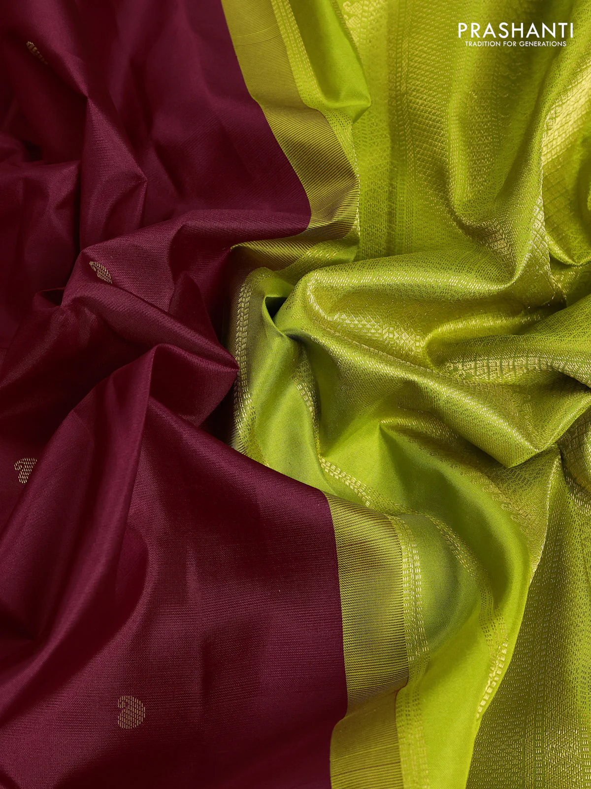 Pure kanchipuram silk saree maroon and fluorescent green with paisley zari woven buttas and zari woven korvai border - Image 3