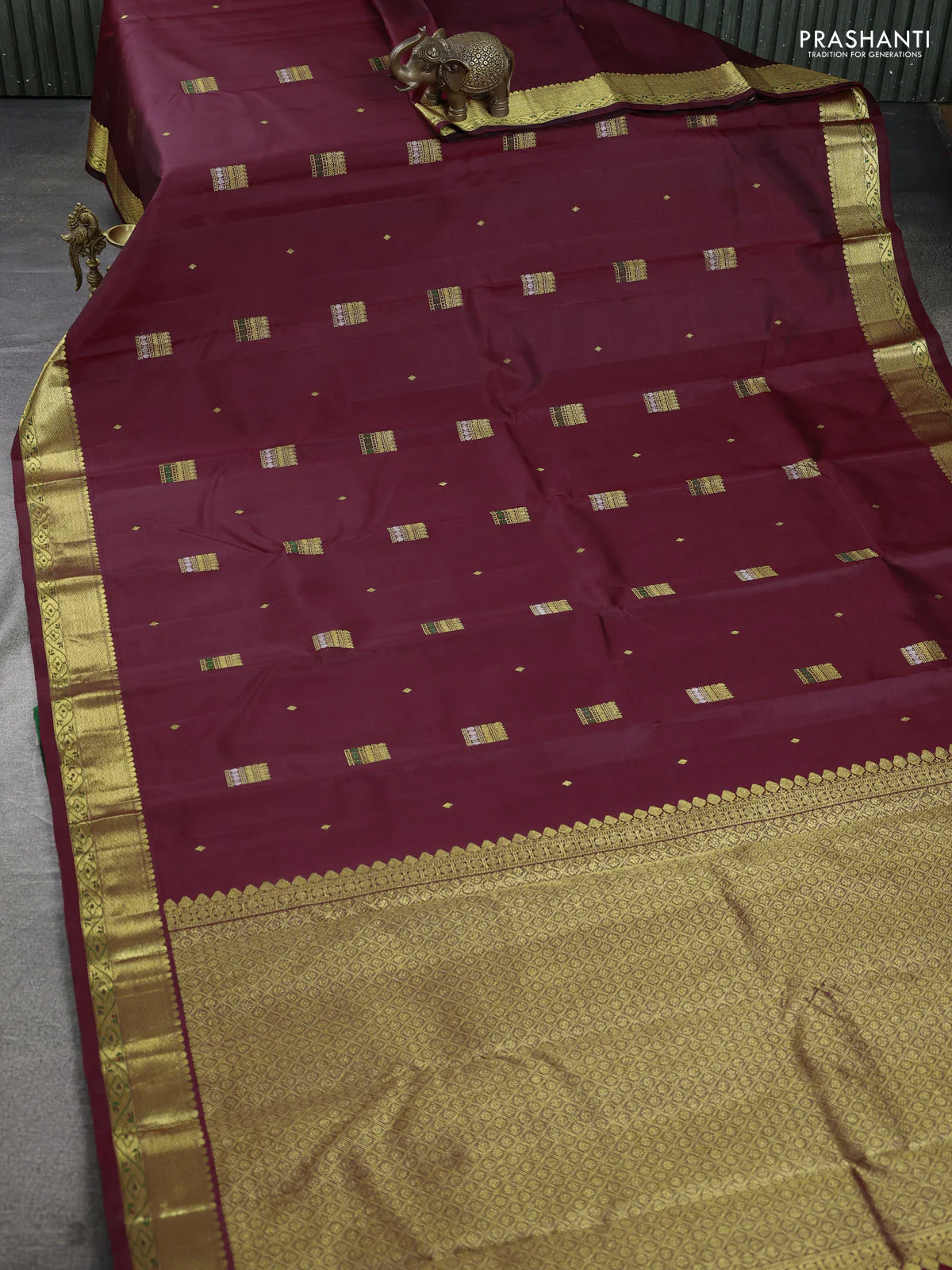 Pure kanchipuram silk saree maroon and green with zari woven buttas and rich zari woven border - Image 2