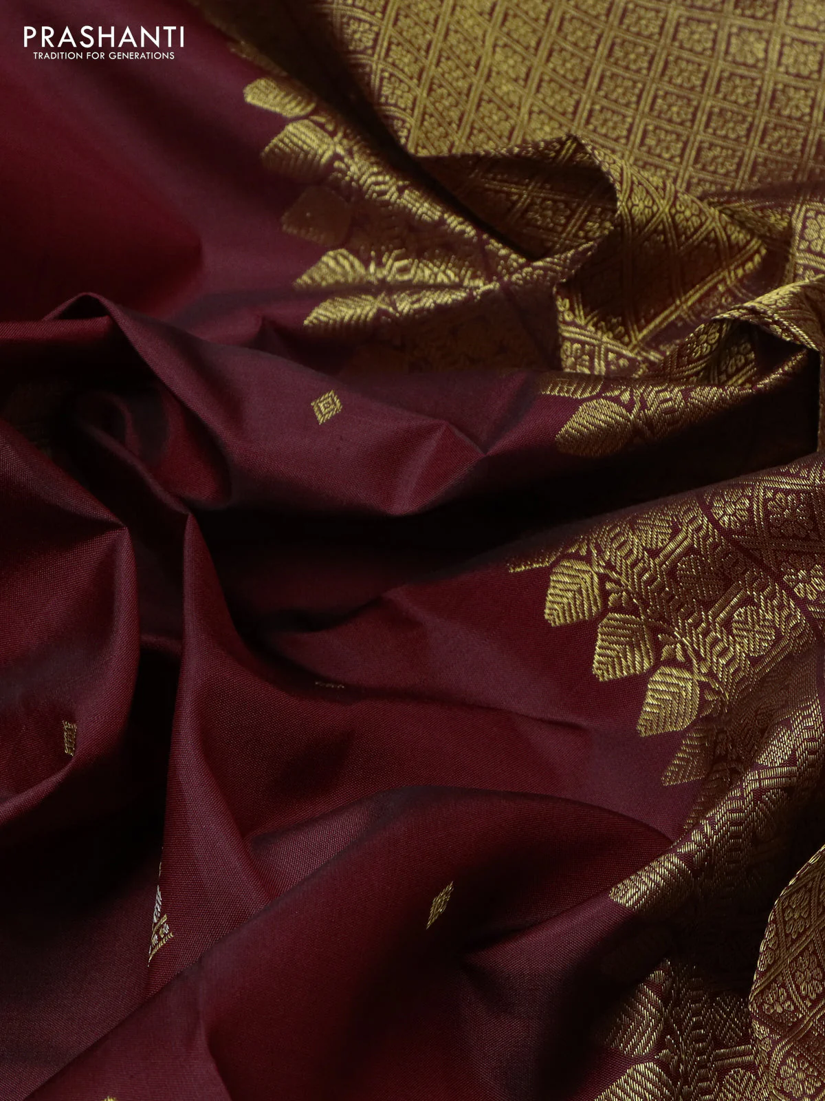 Pure kanchipuram silk saree maroon and green with zari woven buttas and rich zari woven border - Image 3