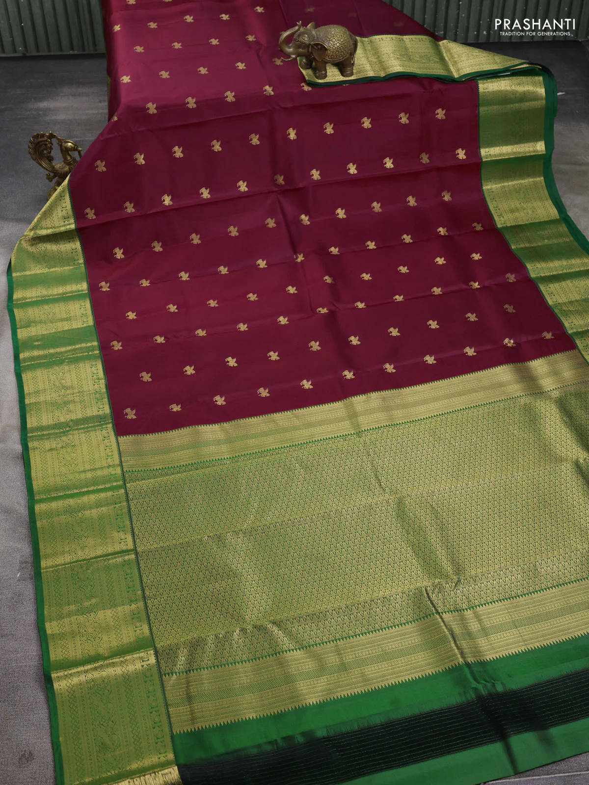 Pure kanchipuram silk saree maroon and green with zari woven buttas and rich zari woven border - Image 2