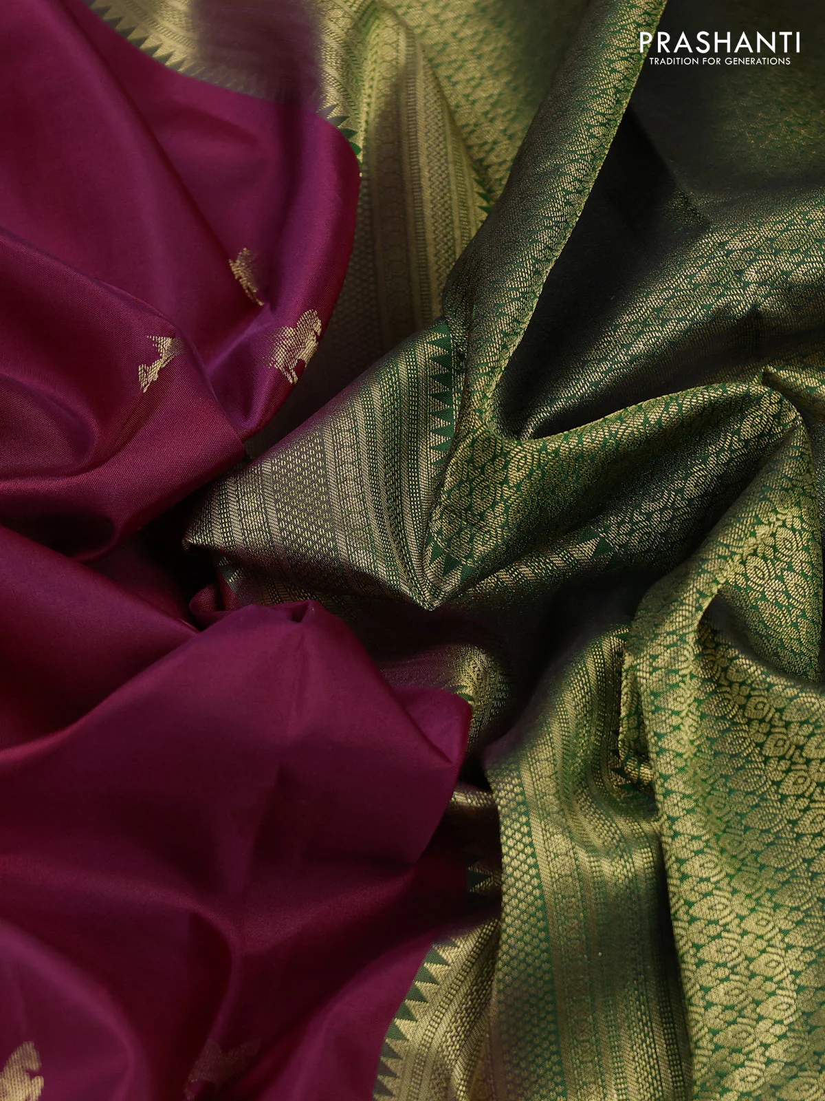 Pure kanchipuram silk saree maroon and green with zari woven buttas and rich zari woven border - Image 3