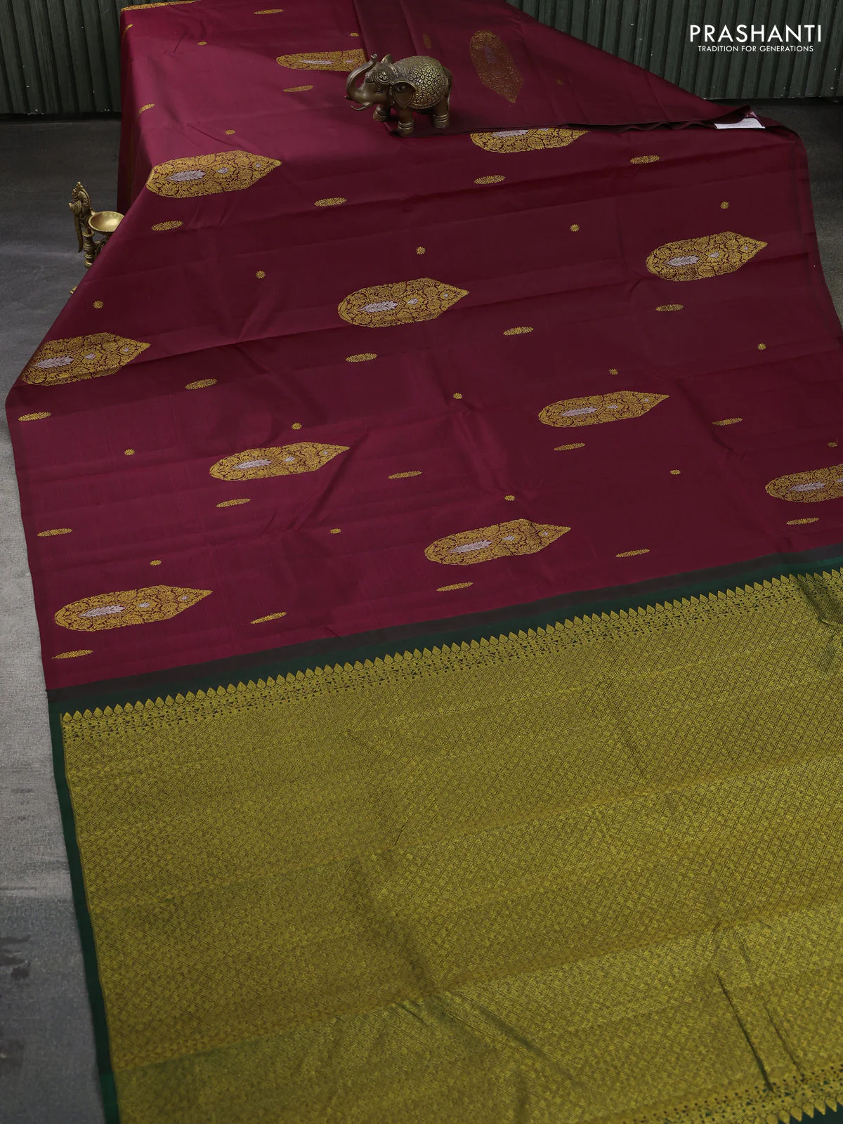 Pure kanchipuram silk saree maroon and green with zari woven buttas in borderless style - Image 2
