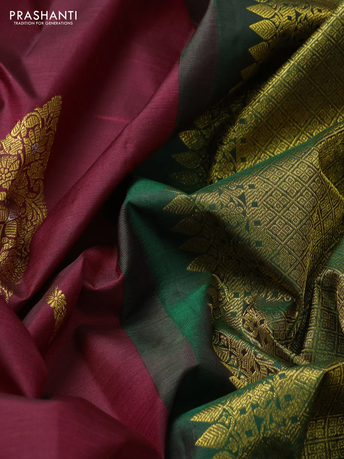 Pure kanchipuram silk saree maroon and green with zari woven buttas in borderless style - Image 3