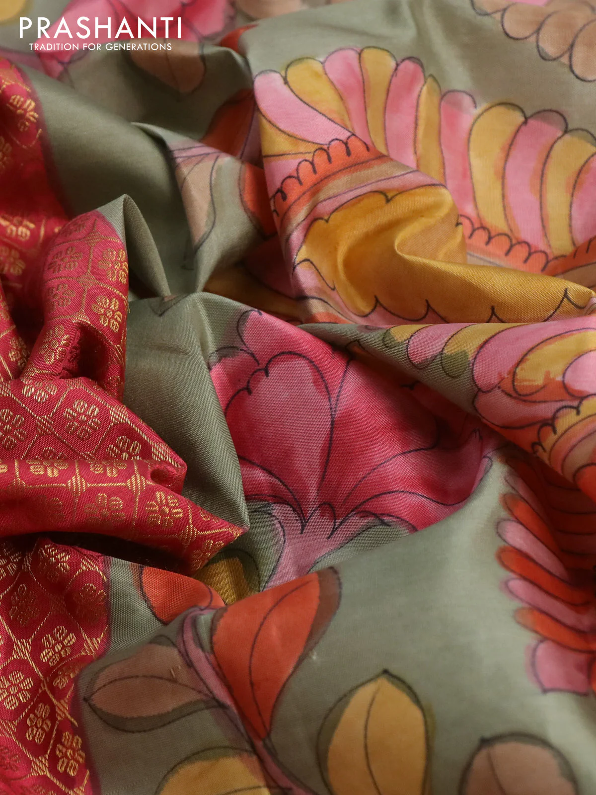 Pure kanchipuram silk saree maroon and grey shade with allover zari woven brocade weaves and kalamkari printed pallu & border - Image 3