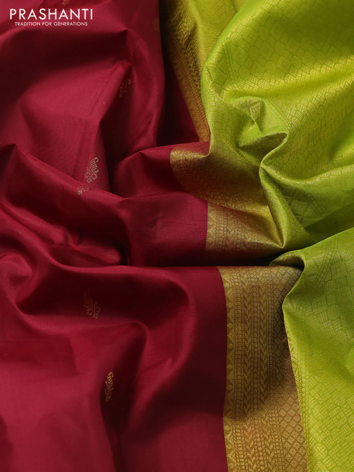 Pure kanchipuram silk saree maroon and lime green with zari woven buttas and zari woven border - Image 3