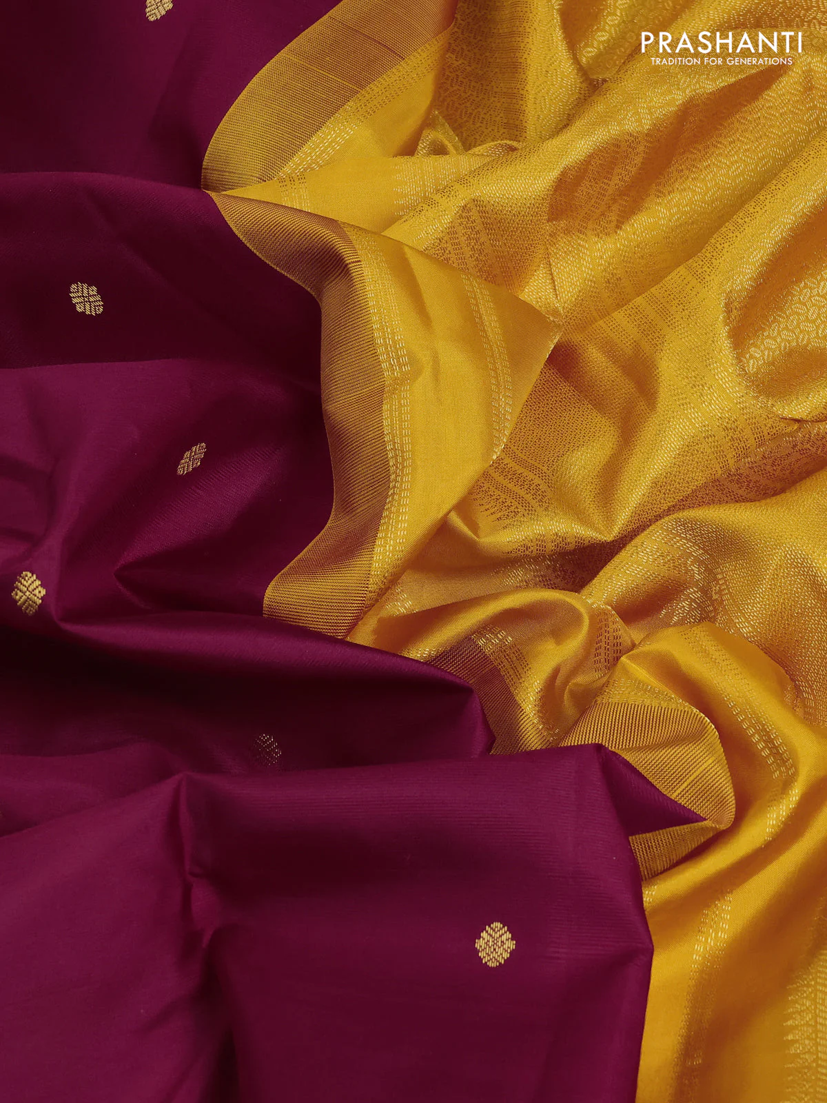 Pure kanchipuram silk saree maroon and mustard yellow with zari woven buttas and zari woven korvai border - Image 3