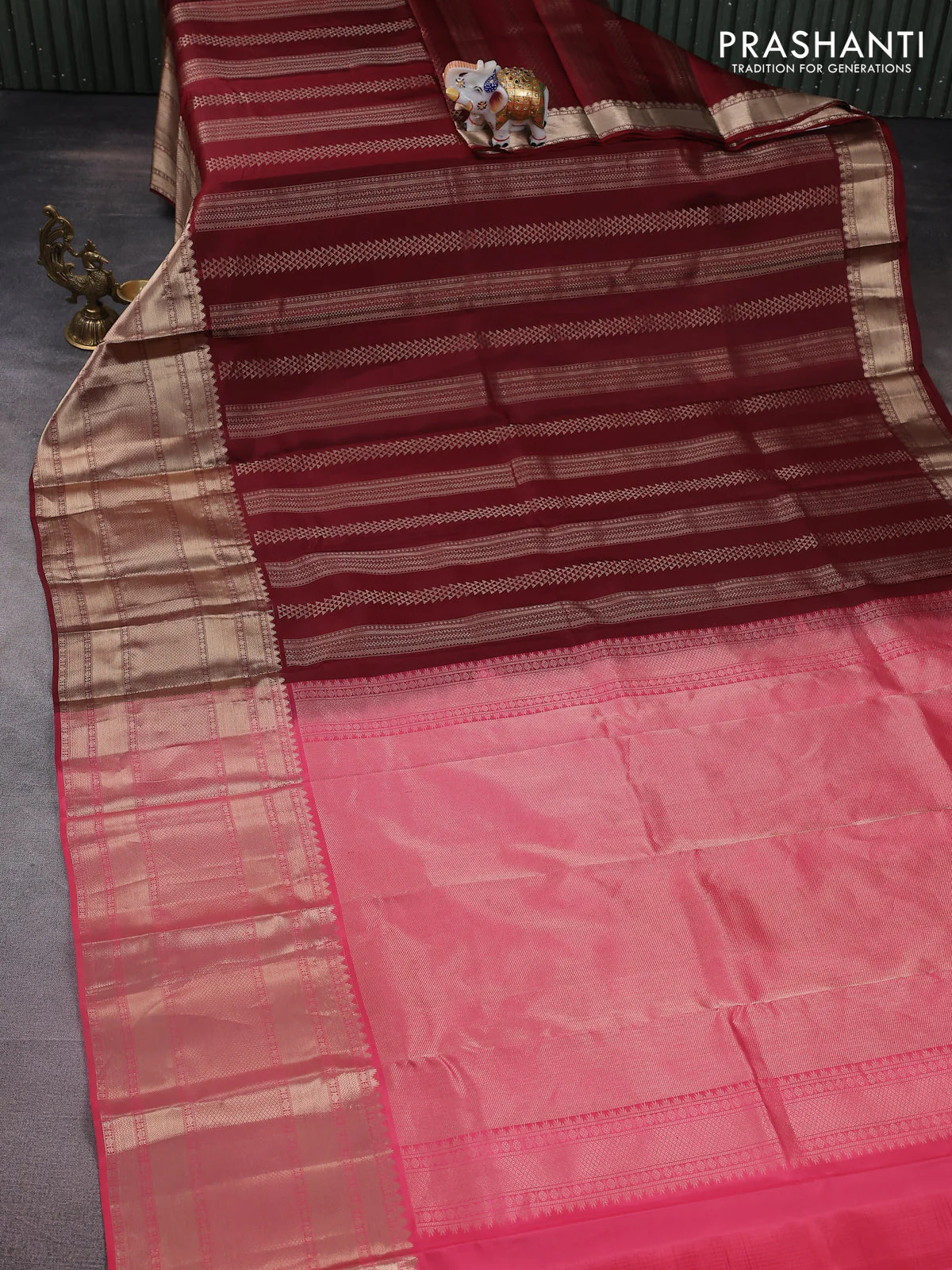 Pure kanchipuram silk saree maroon and peach pink with allover zari weaves and long zari woven border - Image 2
