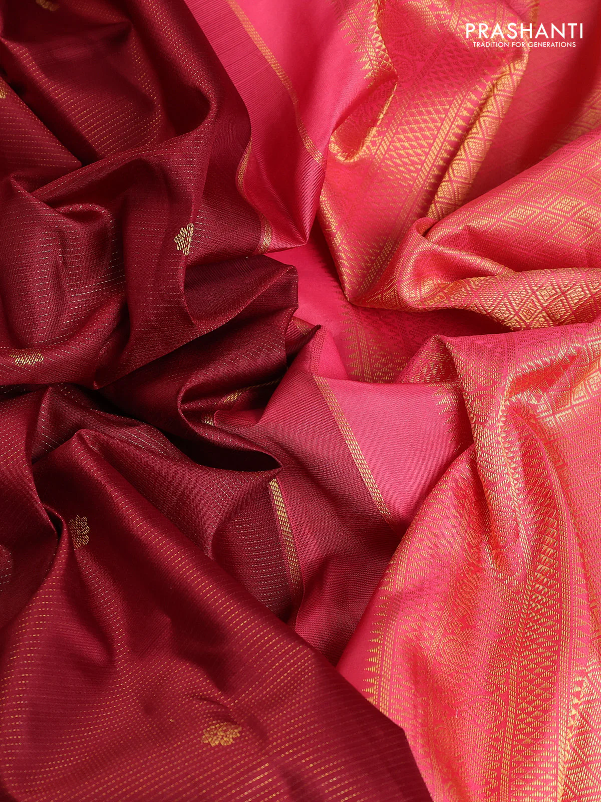 Pure kanchipuram silk saree maroon and pink shade with allover zari weaves & buttas and zari woven korvai border - Image 3