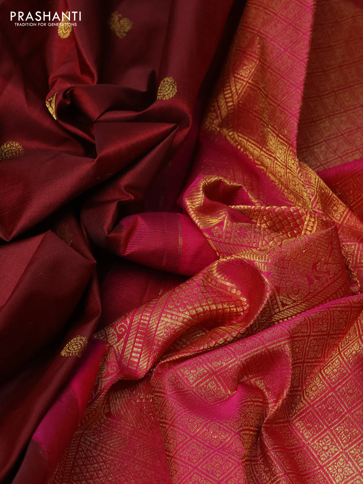 Pure kanchipuram silk saree maroon and pink with annam & rudhraksha zari woven buttas and rich zari woven border - Image 3