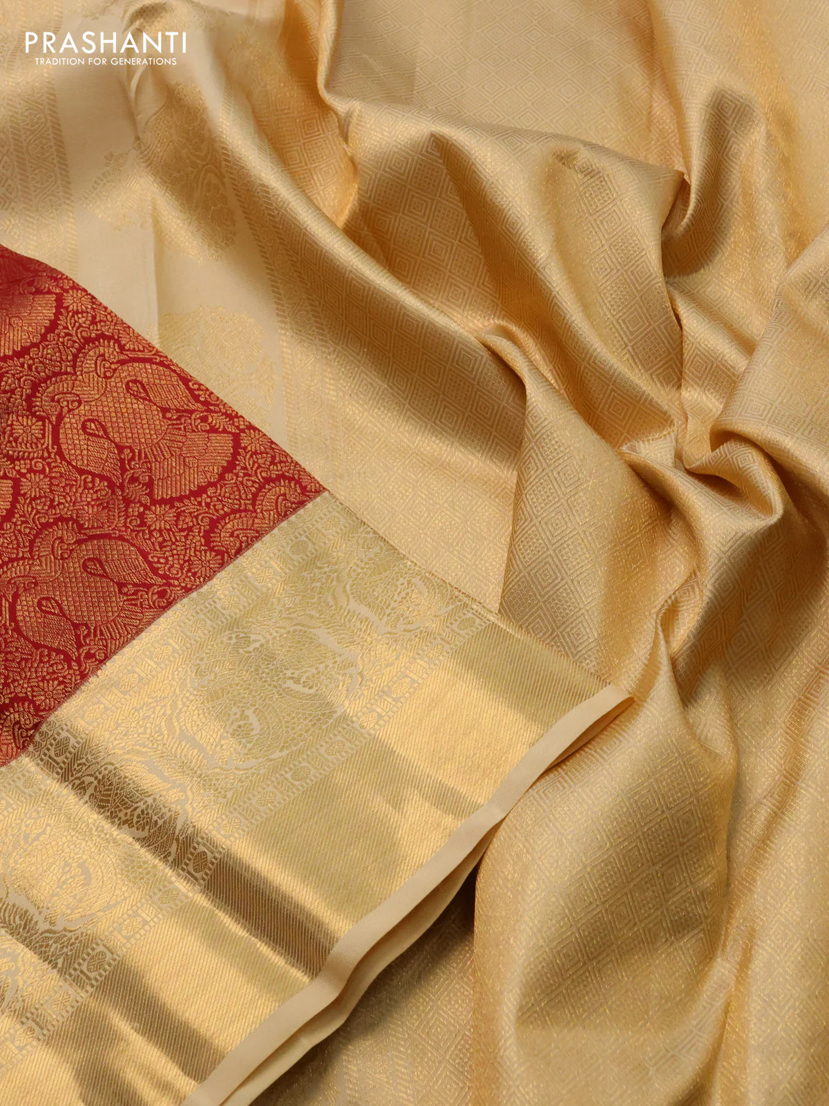 Pure kanchipuram silk saree maroon and sandal with allover zari woven brocade weaves and zari woven border - Image 3