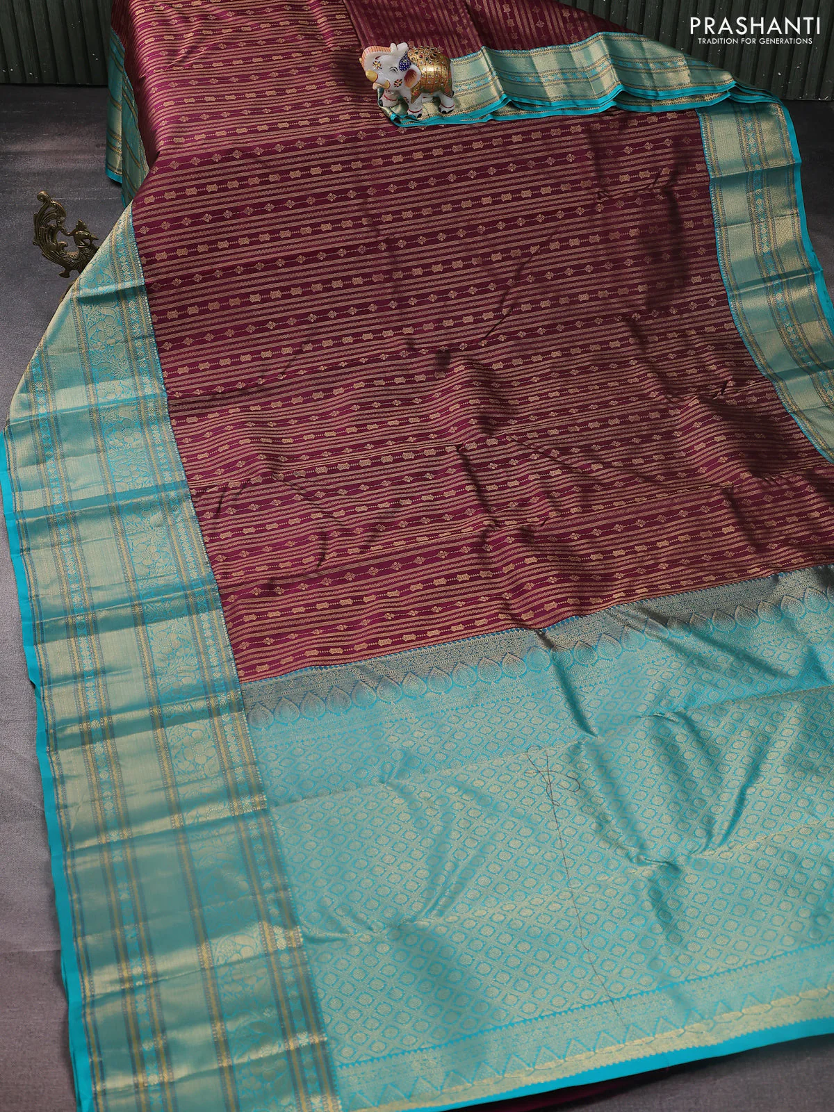 Pure kanchipuram silk saree maroon and teal blue with allover zari woven stripes pattern and zari woven border - Image 2
