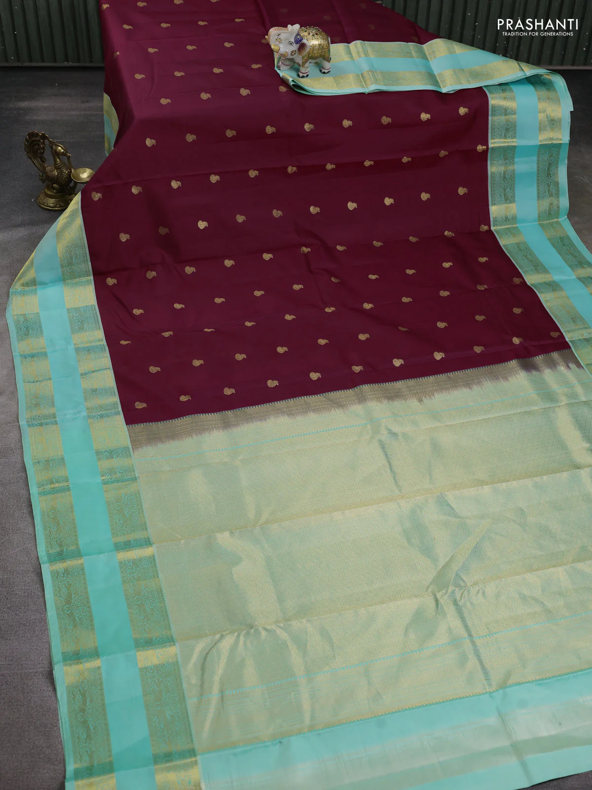 Pure kanchipuram silk saree maroon and teal blue with zari woven buttas and long rettapet zari woven border - Image 2