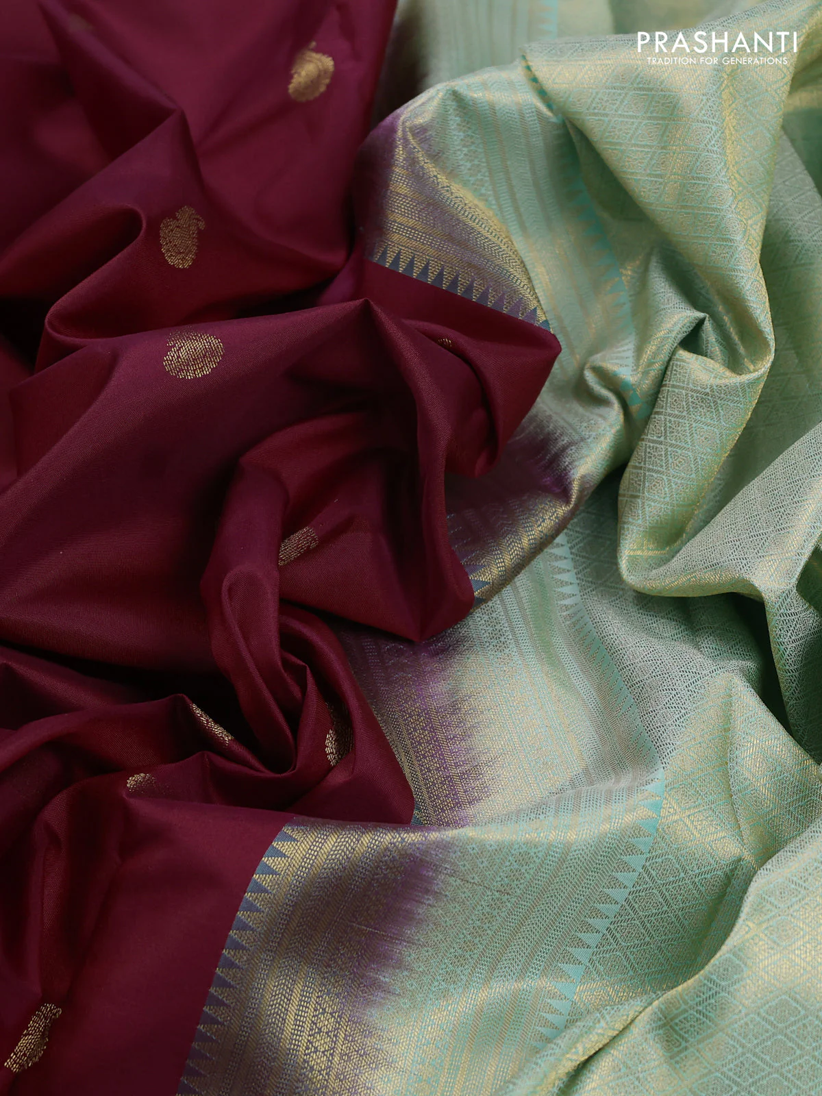 Pure kanchipuram silk saree maroon and teal blue with zari woven buttas and long rettapet zari woven border - Image 3