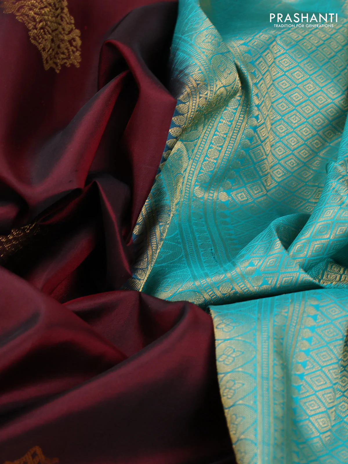 Pure kanchipuram silk saree maroon and teal blue with zari woven buttas and rich zari woven korvai border - Image 3