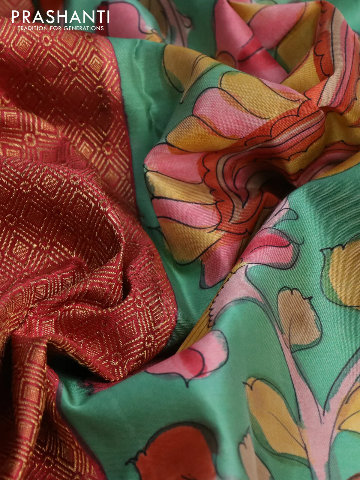 Pure kanchipuram silk saree maroon and teal green shade with allover zari woven geometric brocade weaves and kalamkari printed pallu & border - Image 3