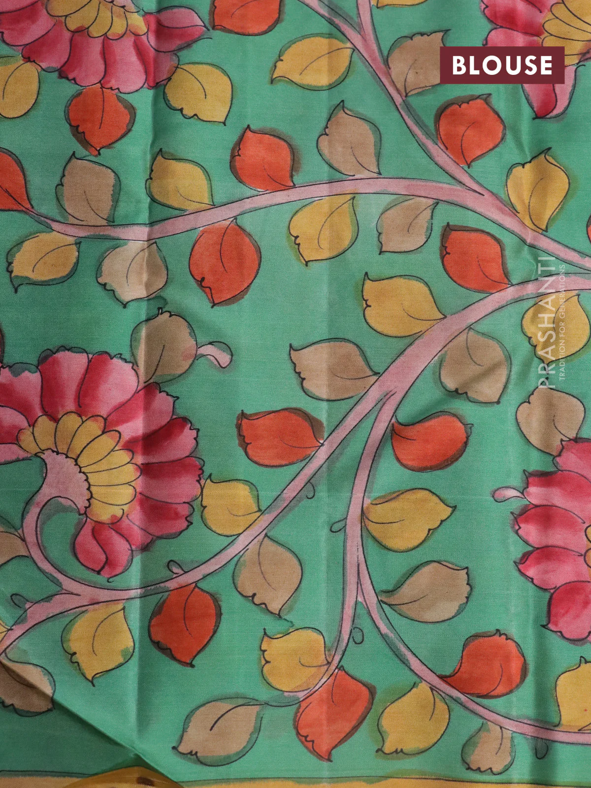 Pure kanchipuram silk saree maroon and teal green shade with allover zari woven geometric brocade weaves and kalamkari printed pallu & border - Image 4
