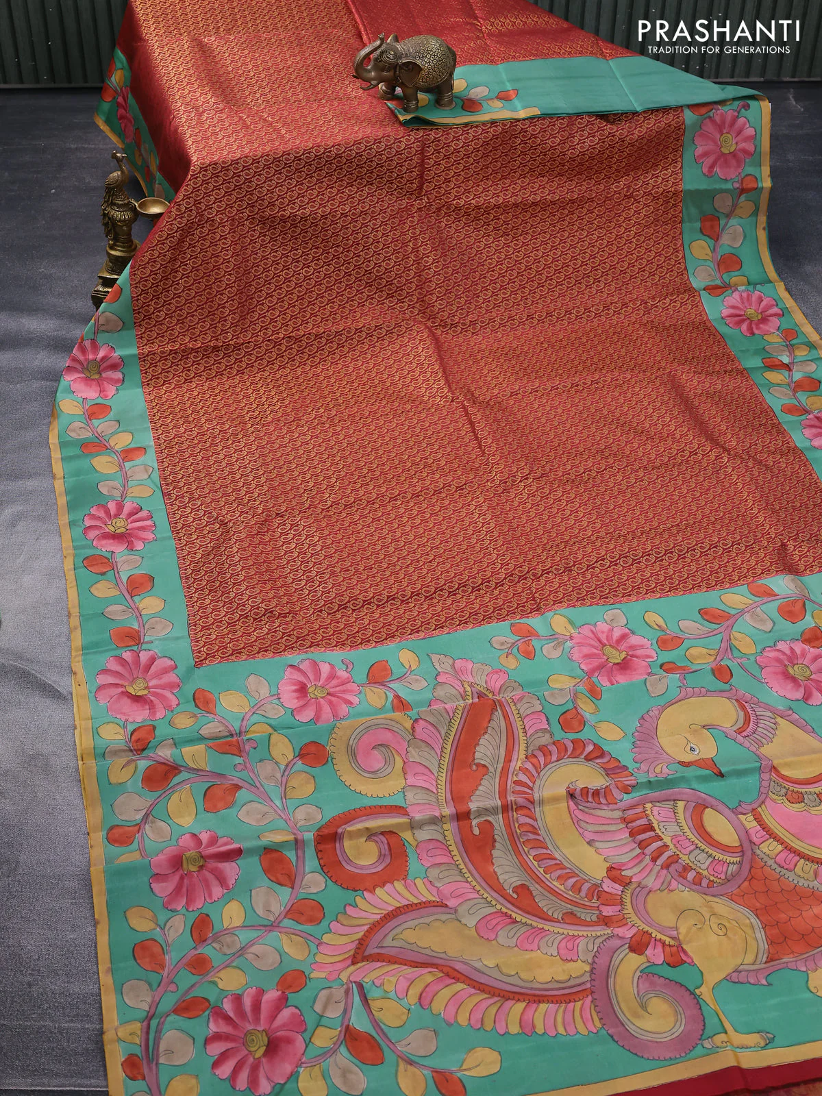 Pure kanchipuram silk saree maroon and teal green with allover zari woven paisley brocade weaves and kalamkari printed pallu & border - Image 2