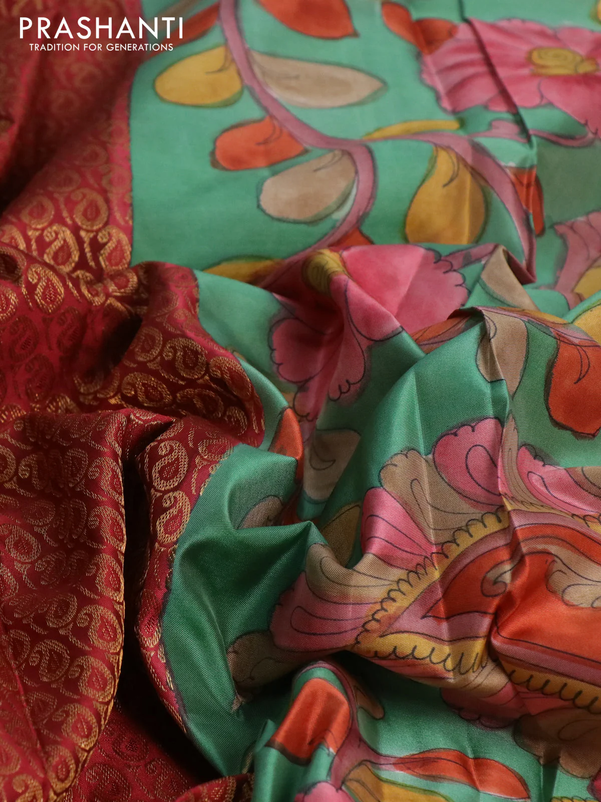 Pure kanchipuram silk saree maroon and teal green with allover zari woven paisley brocade weaves and kalamkari printed pallu & border - Image 3