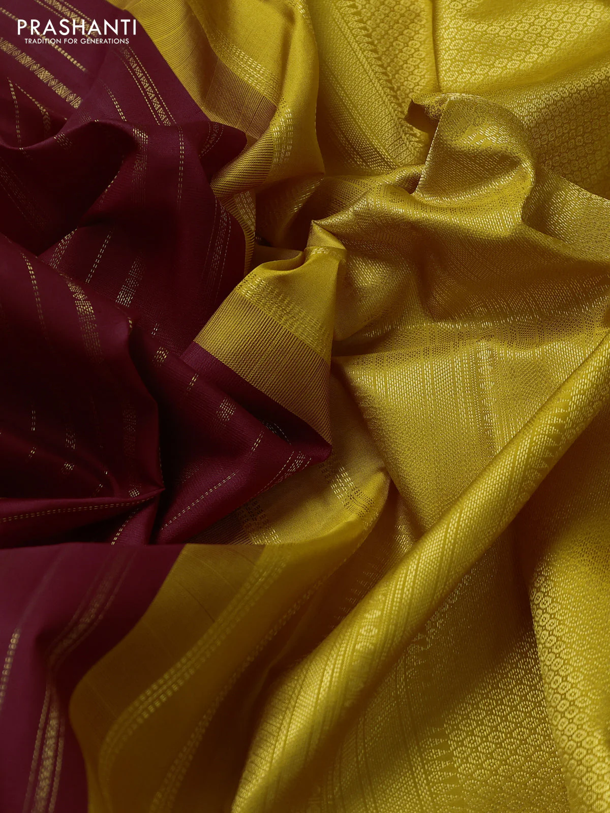 Pure kanchipuram silk saree maroon and yellow with allover zari weaves and zari woven korvai border - Image 3
