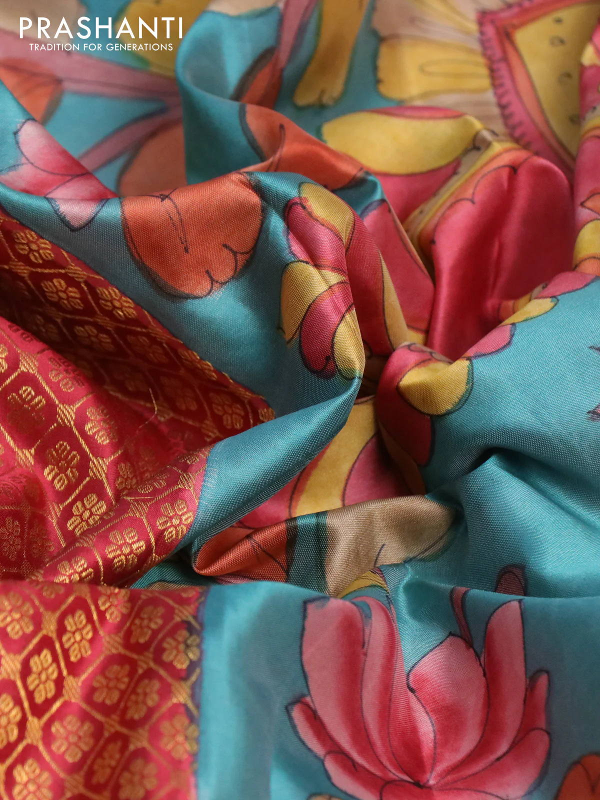 Pure kanchipuram silk saree maroon shade and blue with allover zari woven brocade weaves and kalamkari printed pallu & border - Image 3