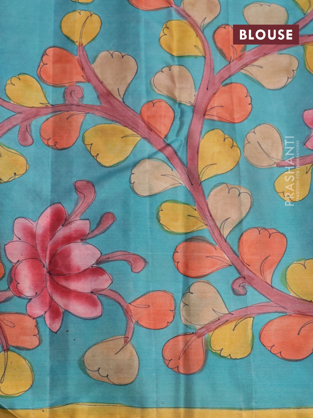Pure kanchipuram silk saree maroon shade and blue with allover zari woven brocade weaves and kalamkari printed pallu & border - Image 4