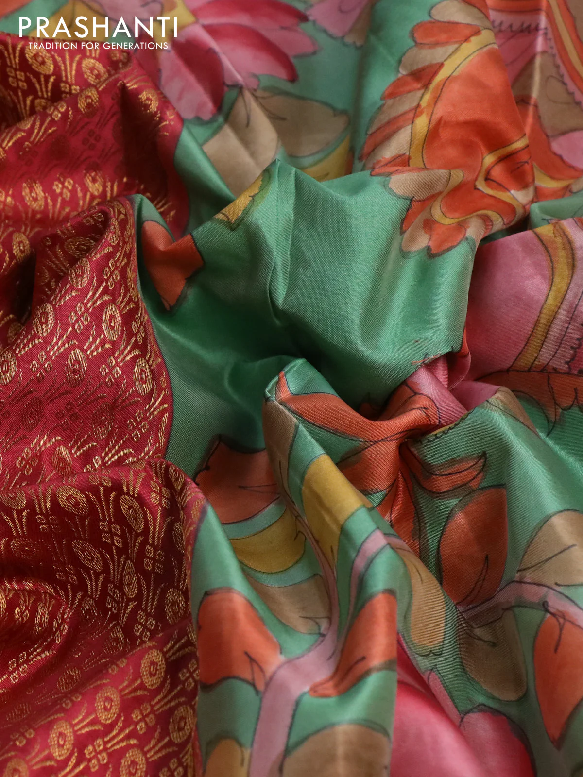 Pure kanchipuram silk saree maroon shade and pastel green shade with allover zari woven brocade weaves and kalamkari printed pallu & border - Image 3