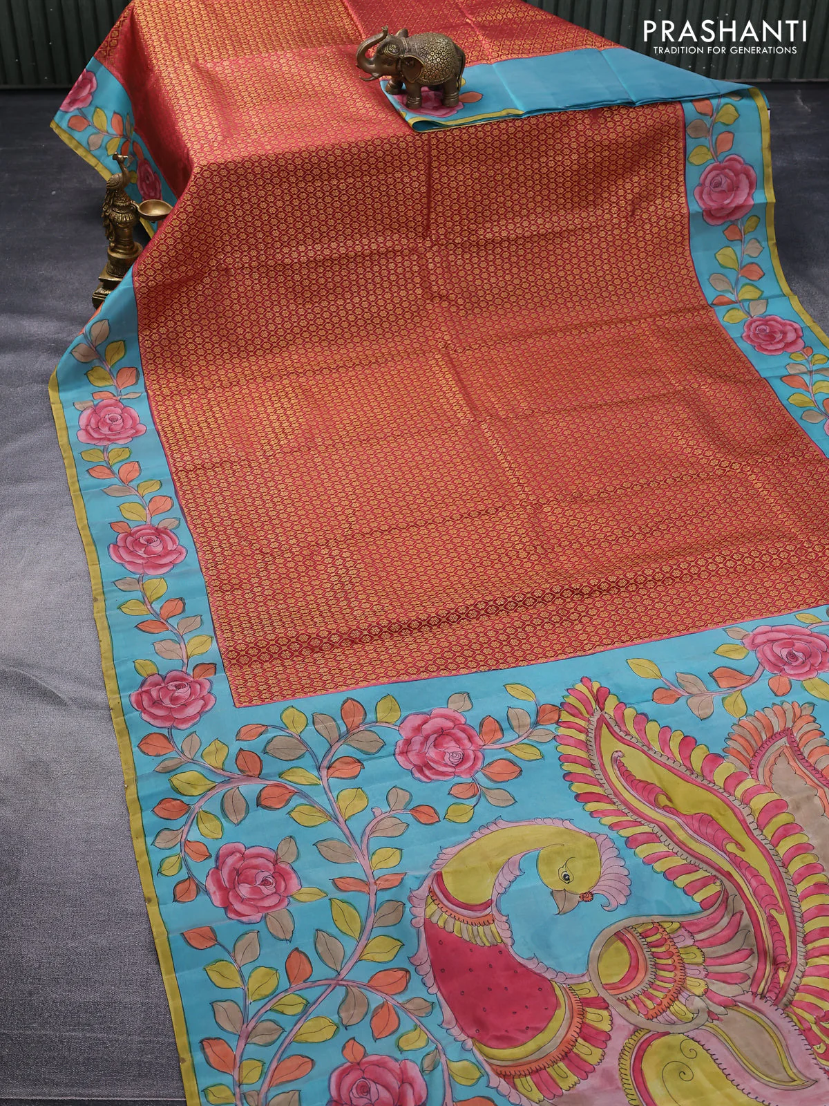 Pure kanchipuram silk saree maroon shade and teal blue with allover zari woven brocade weaves and kalamkari printed pallu & border - Image 2