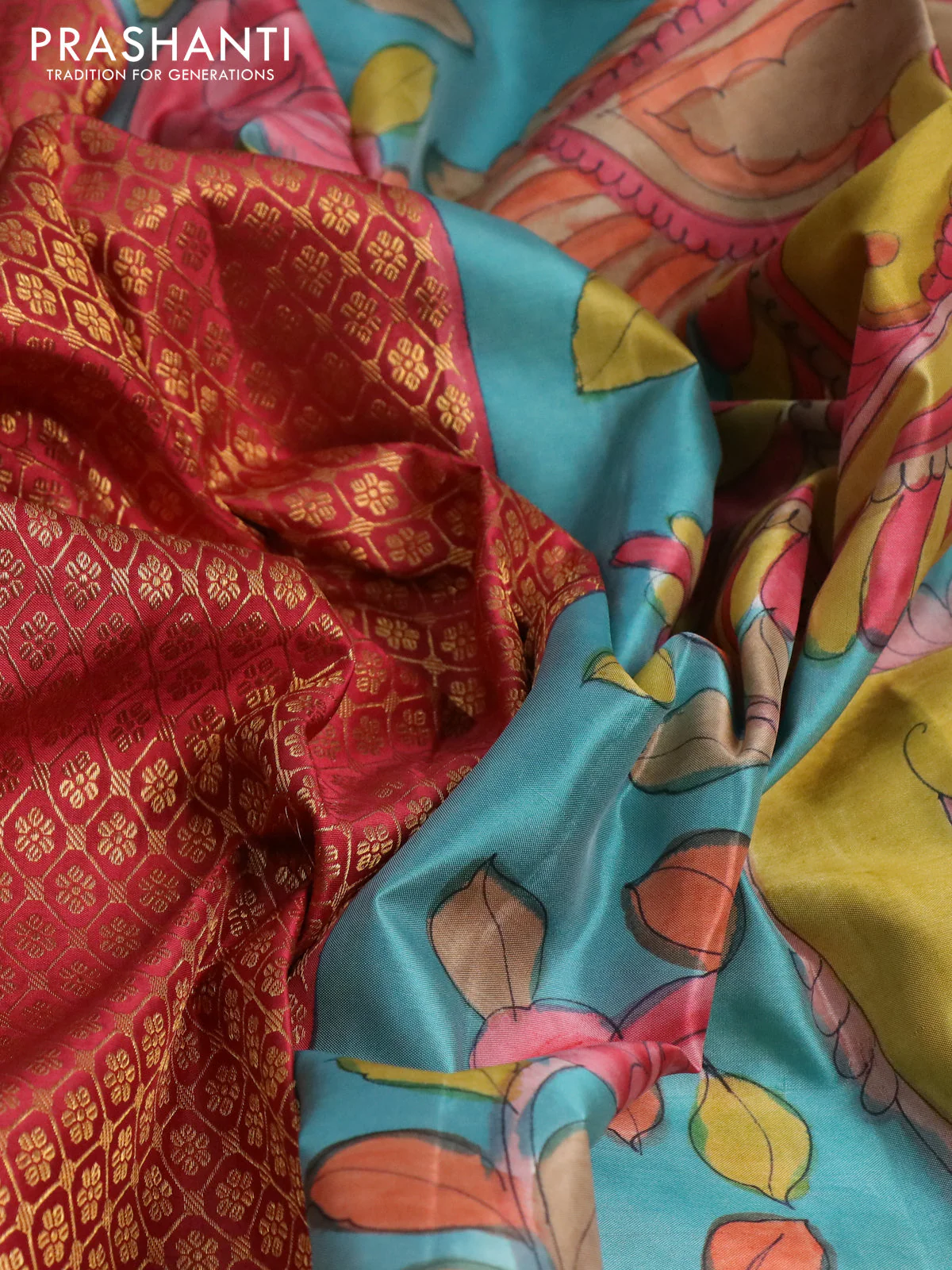 Pure kanchipuram silk saree maroon shade and teal blue with allover zari woven brocade weaves and kalamkari printed pallu & border - Image 3