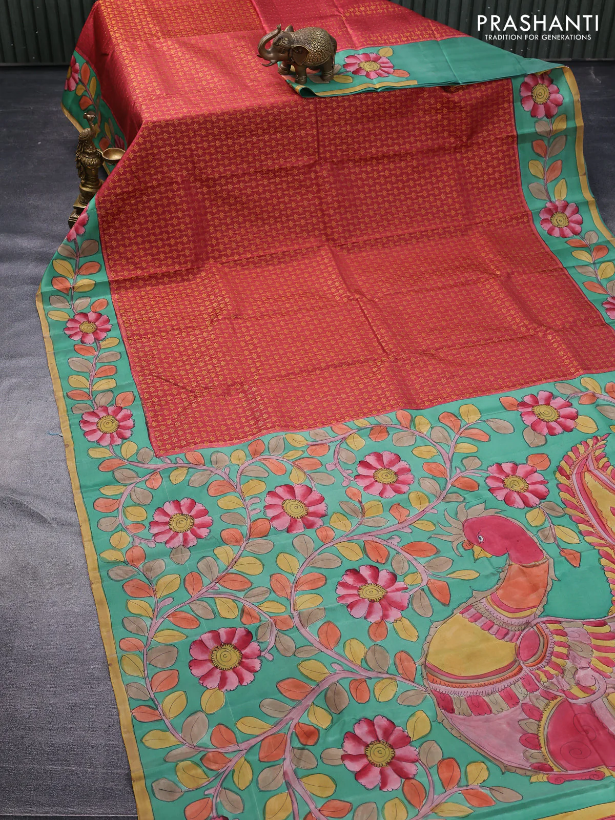 Pure kanchipuram silk saree maroon shade and teal green with allover zari woven brocade weaves and kalamkari printed pallu & border - Image 2