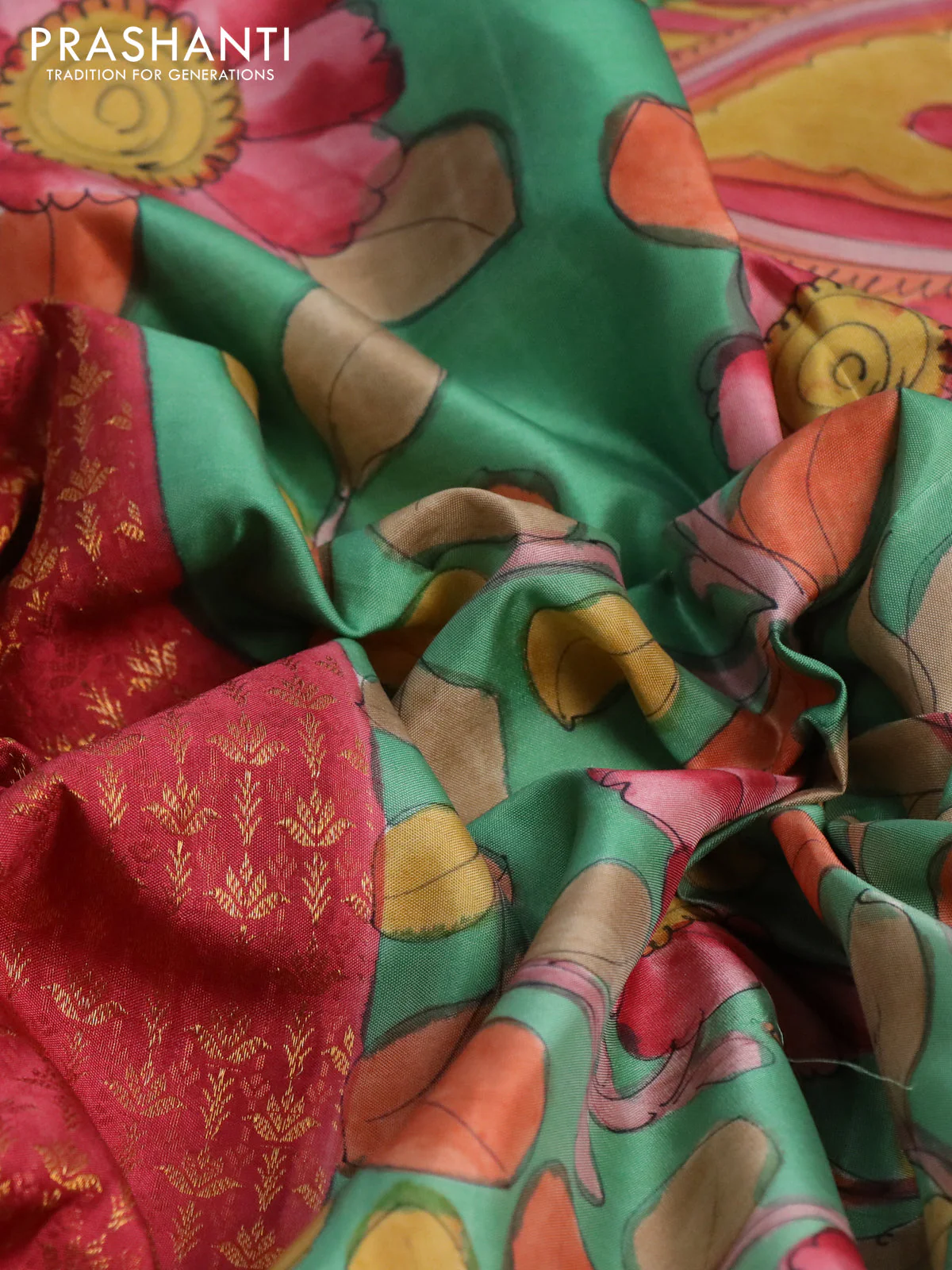Pure kanchipuram silk saree maroon shade and teal green with allover zari woven brocade weaves and kalamkari printed pallu & border - Image 3