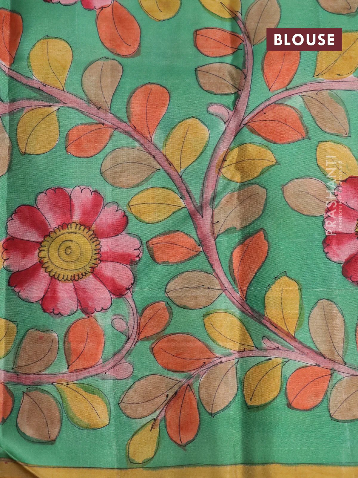 Pure kanchipuram silk saree maroon shade and teal green with allover zari woven brocade weaves and kalamkari printed pallu & border - Image 4