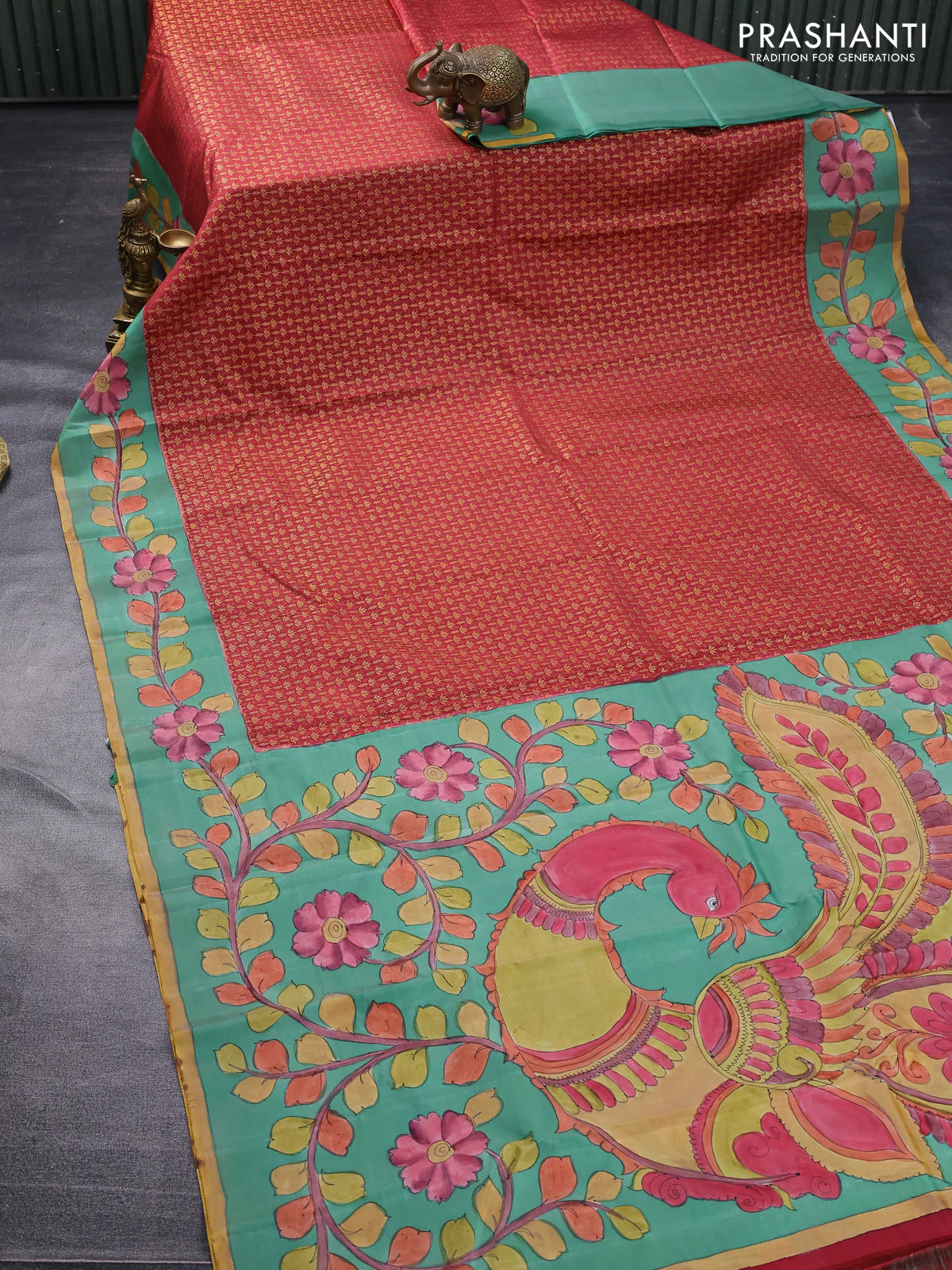 Pure kanchipuram silk saree maroon shade and teal green with allover zari woven brocade weaves and kalamkari printed pallu & border - Image 2