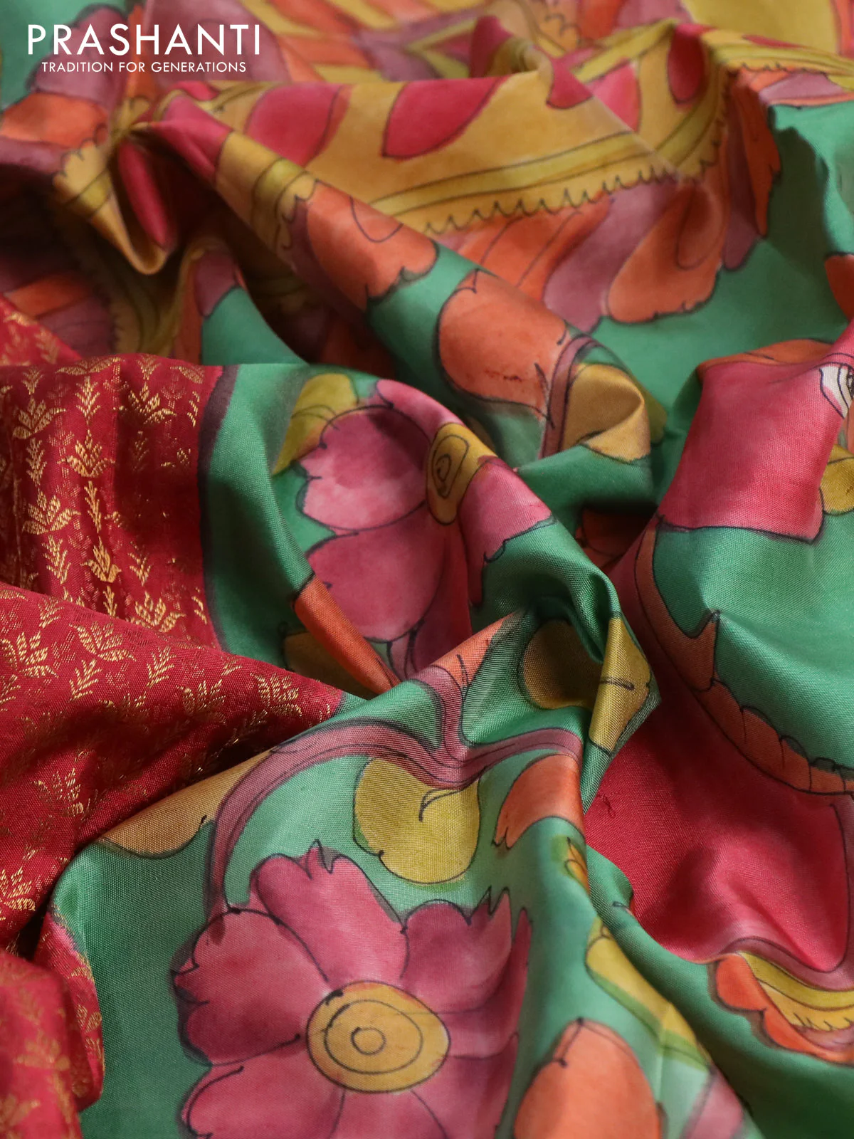 Pure kanchipuram silk saree maroon shade and teal green with allover zari woven brocade weaves and kalamkari printed pallu & border - Image 3