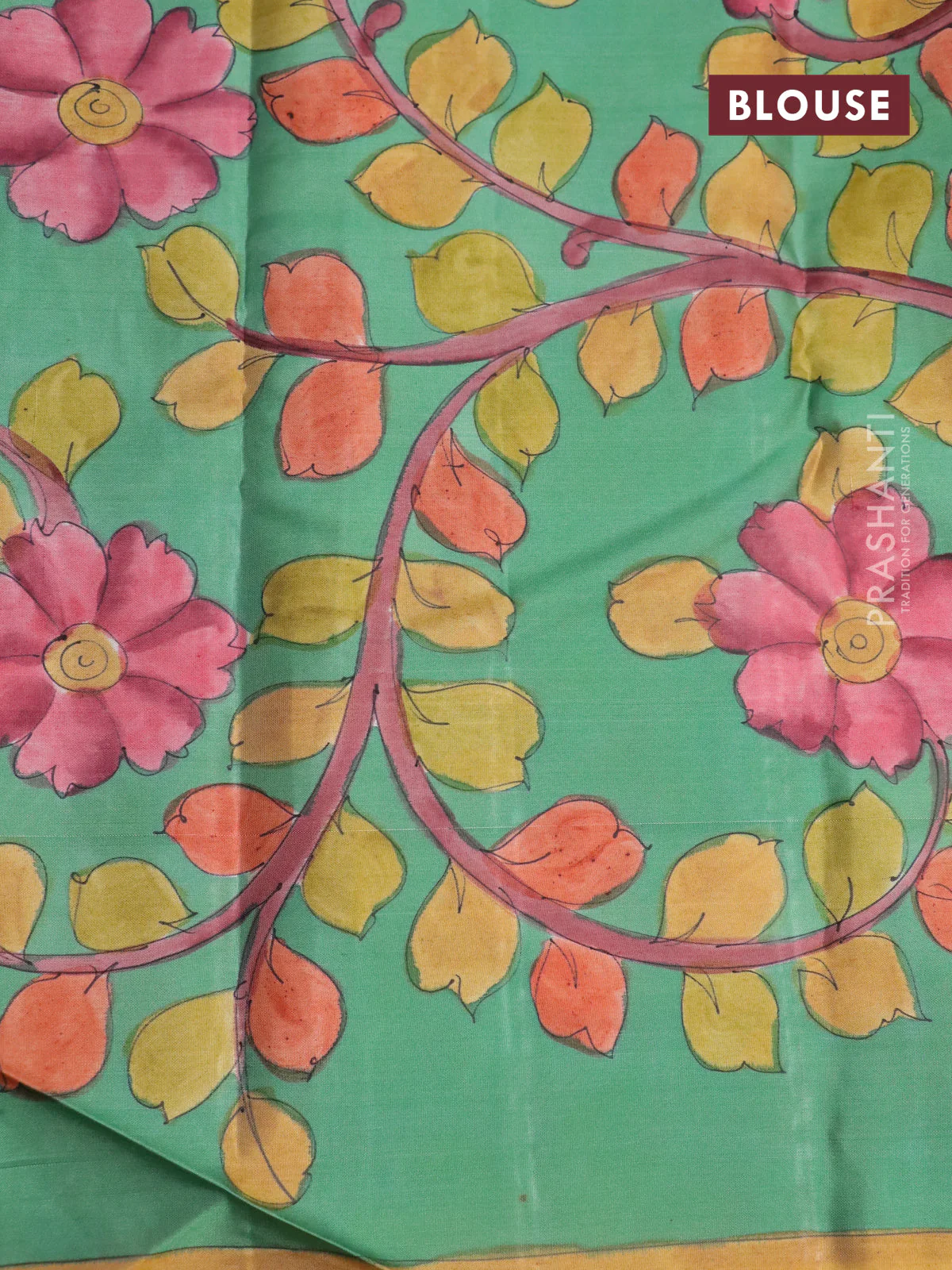 Pure kanchipuram silk saree maroon shade and teal green with allover zari woven brocade weaves and kalamkari printed pallu & border - Image 4