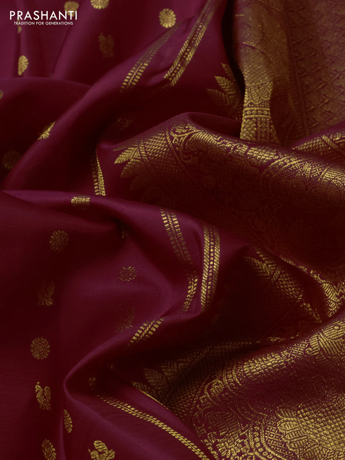 Pure kanchipuram silk saree maroon with allover annam zari woven buttas and zari woven border - Image 3