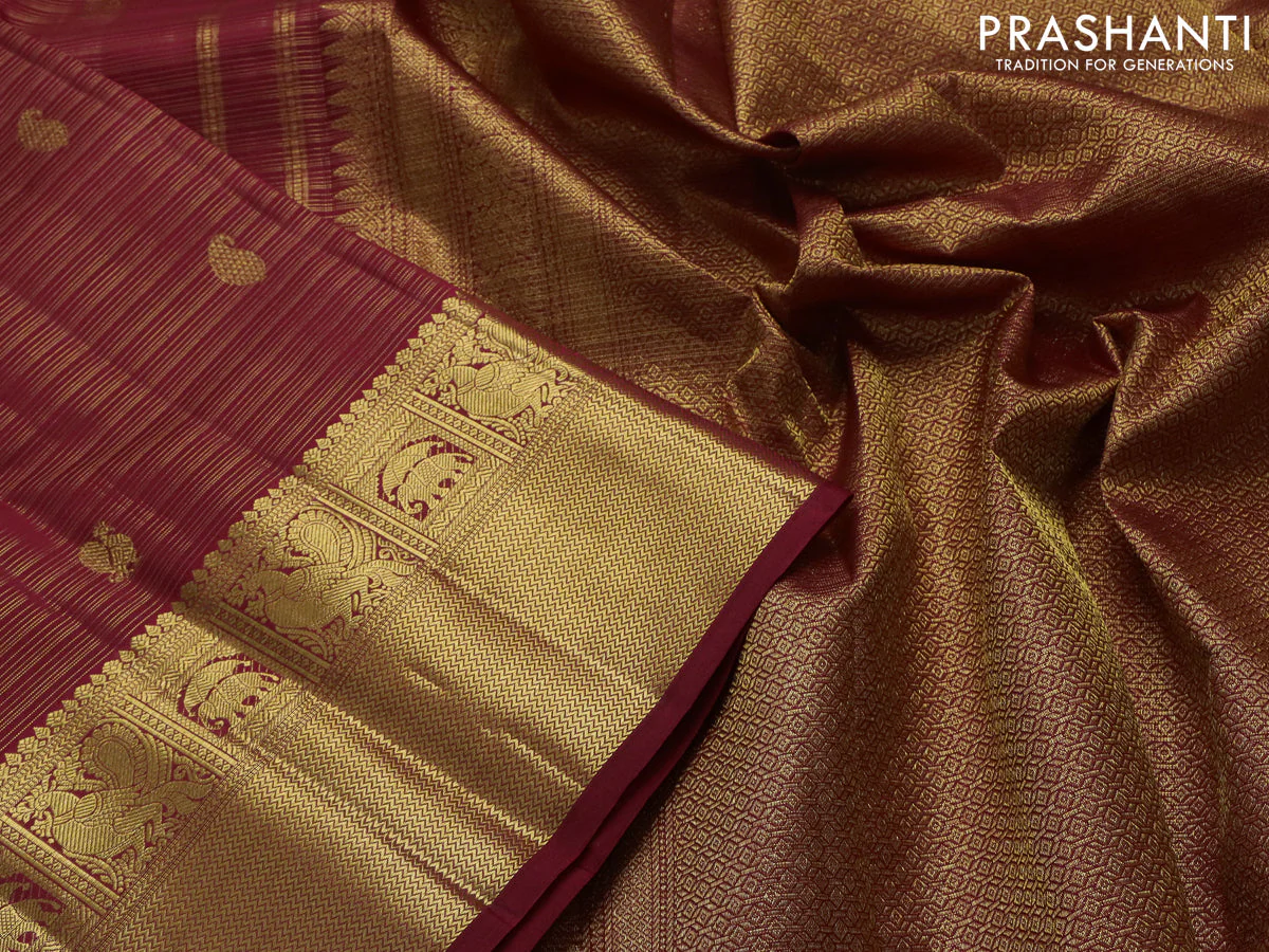 Pure kanchipuram silk saree maroon with allover zari weaves & buttas and zari woven border - Image 3