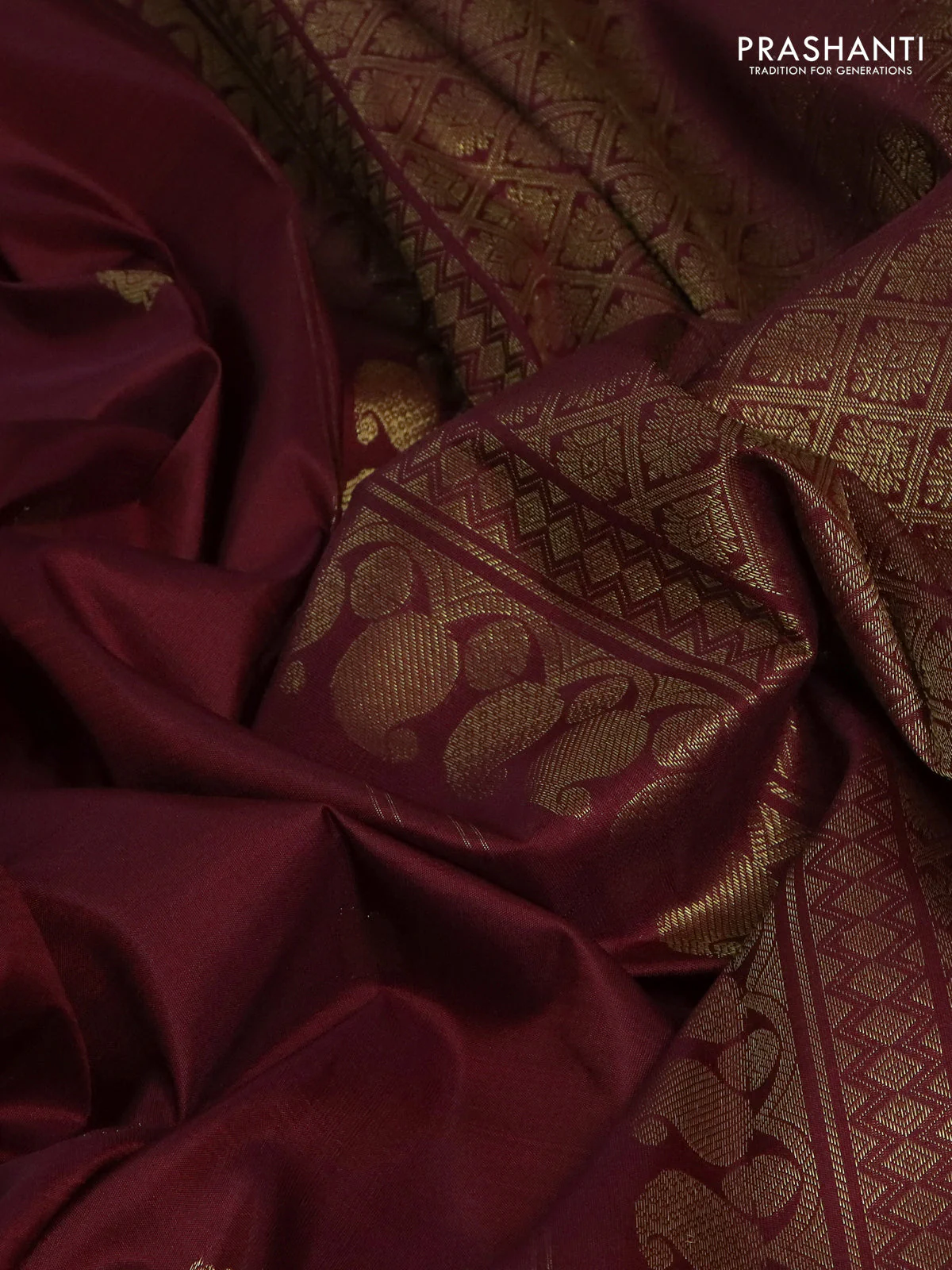Pure kanchipuram silk saree maroon with zari woven buttas and long zari woven border - Image 3