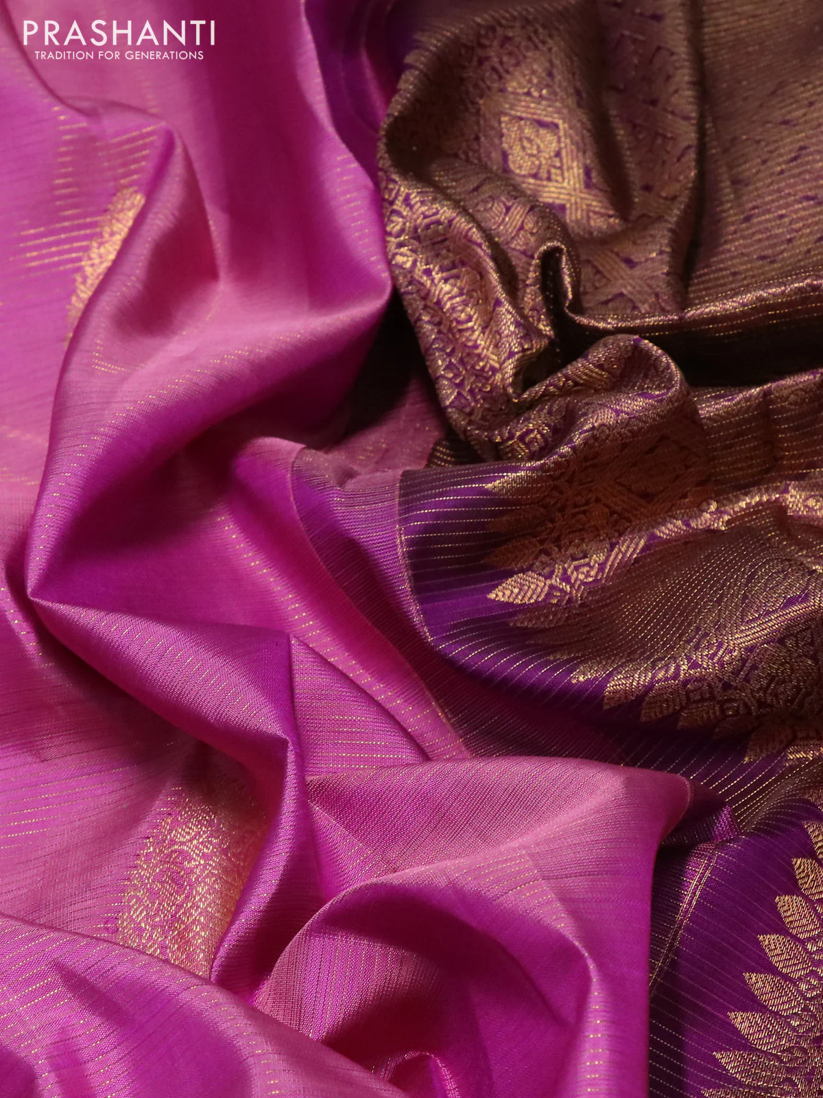 Pure kanchipuram silk saree mauve pink and purple with allover zari strip & buttas and rich zari woven border - Image 3