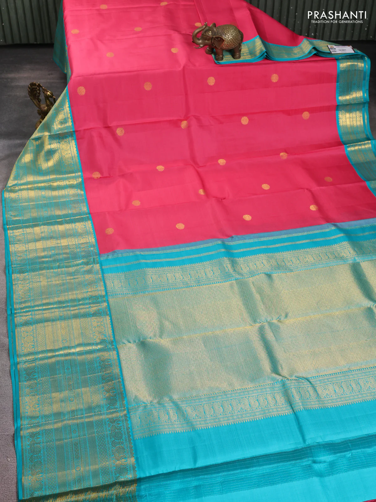 Pure kanchipuram silk saree mauve pink and teal blue with zari woven buttas and long annam rettapet zari woven border - Image 2