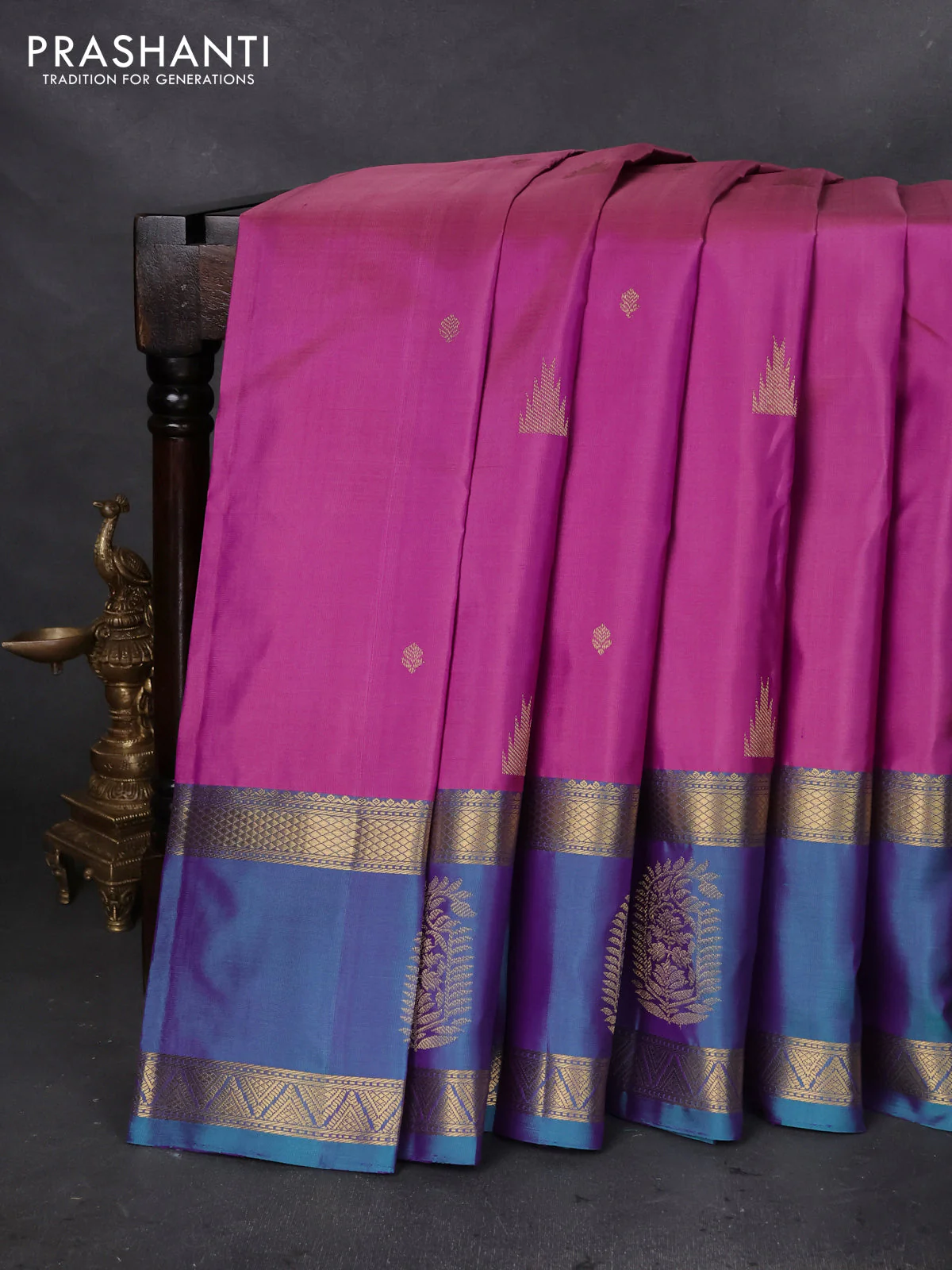 Pure kanchipuram silk saree mauve pink and teal blue with zari woven buttas and rettapet zari woven border